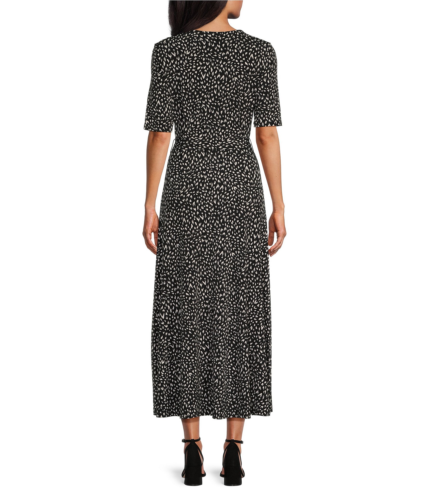 Preston & York Sydney Antelope Print Knit V-Neck Short Sleeve Tie Waist Faux Wrap Midi Dress