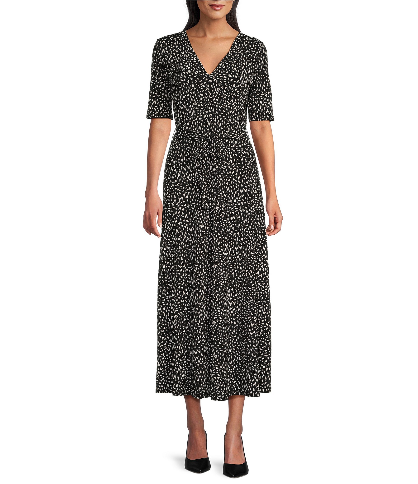 Preston & York Sydney Antelope Print Knit V-Neck Short Sleeve Tie Waist Faux Wrap Midi Dress