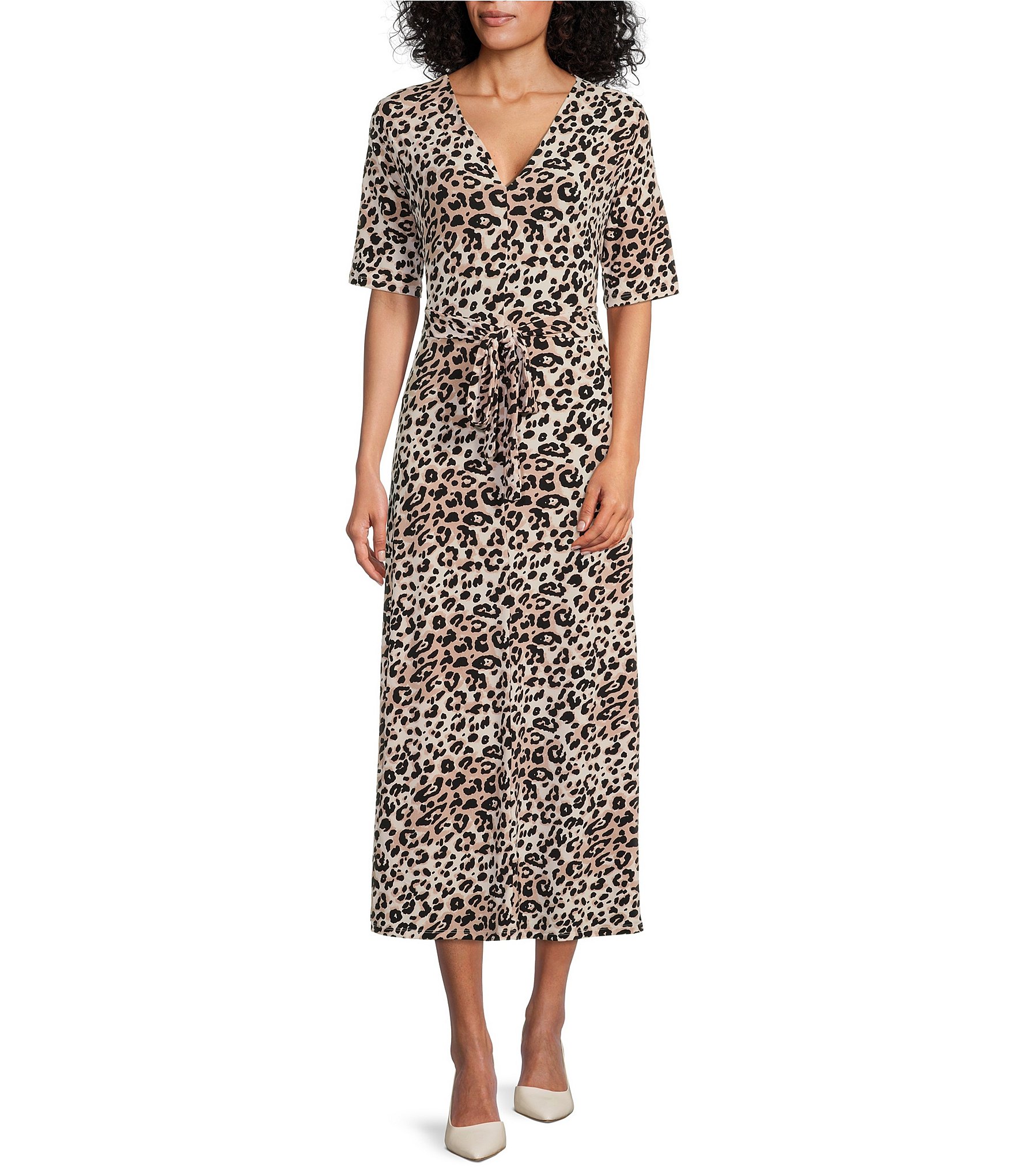 Preston & York Sydney Leopard Print Knit V-Neck Short Sleeve Midi Dress |  Dillard's