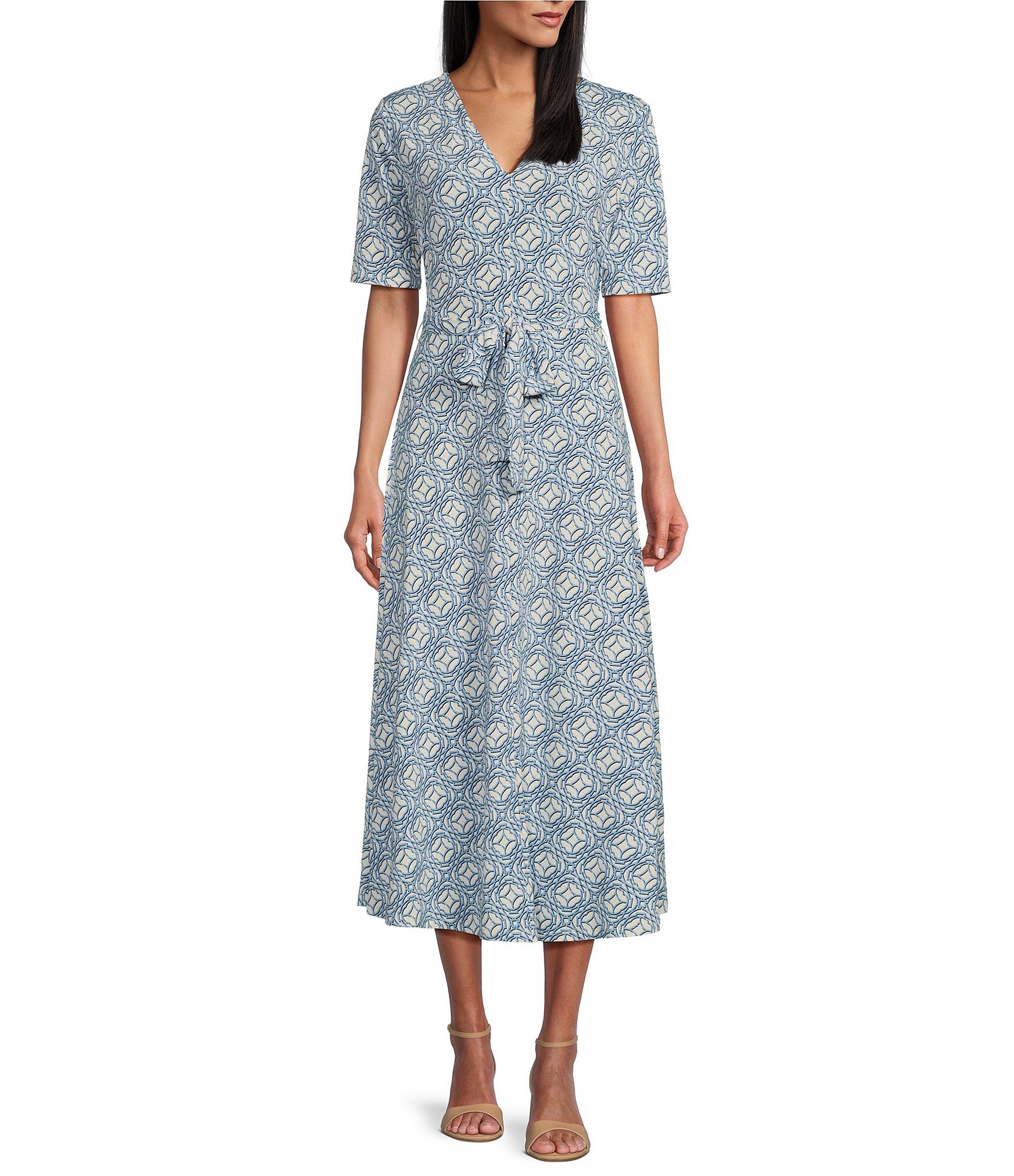 Preston & York Sydney V-Neck Short Sleeve Tie Waist Dress | Dillard's