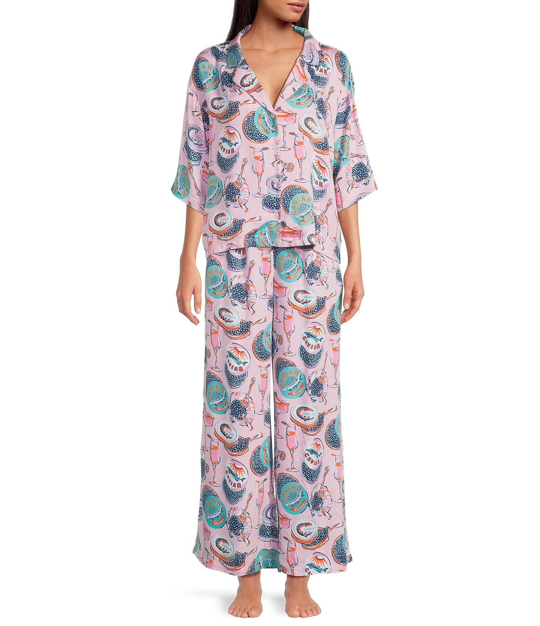 Printfresh Champagne & Caviar Woven Sateen Thermoregulating 3/4 Sleeve Notch Collar Long Coordinating Pajama Set