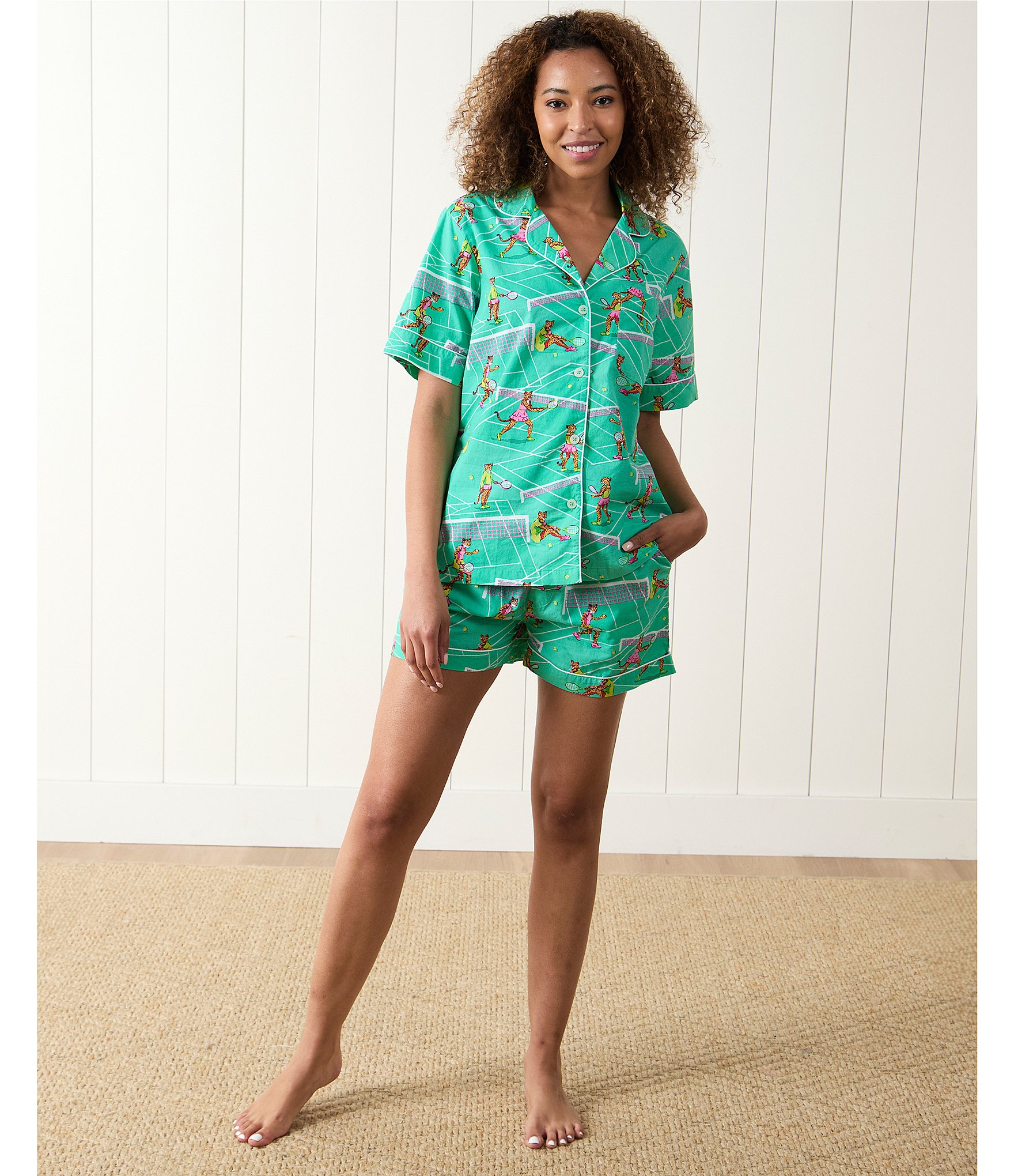 Printfresh Courtside Cats Short Sleeve Notch Collar Woven Shorty Pajama Set