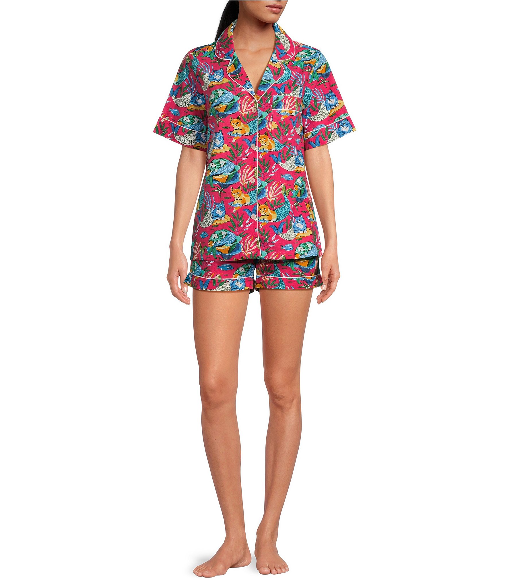 Printfresh Meowing Mermaids Short Sleeve Notch Collar Woven Shorty Pajama Set