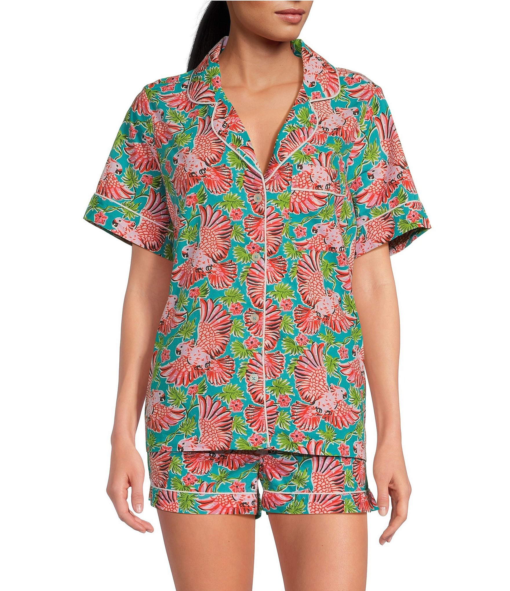 Printfresh Playful Parrots Print Short Sleeve Notch Collar Woven Shorty Pajama Set