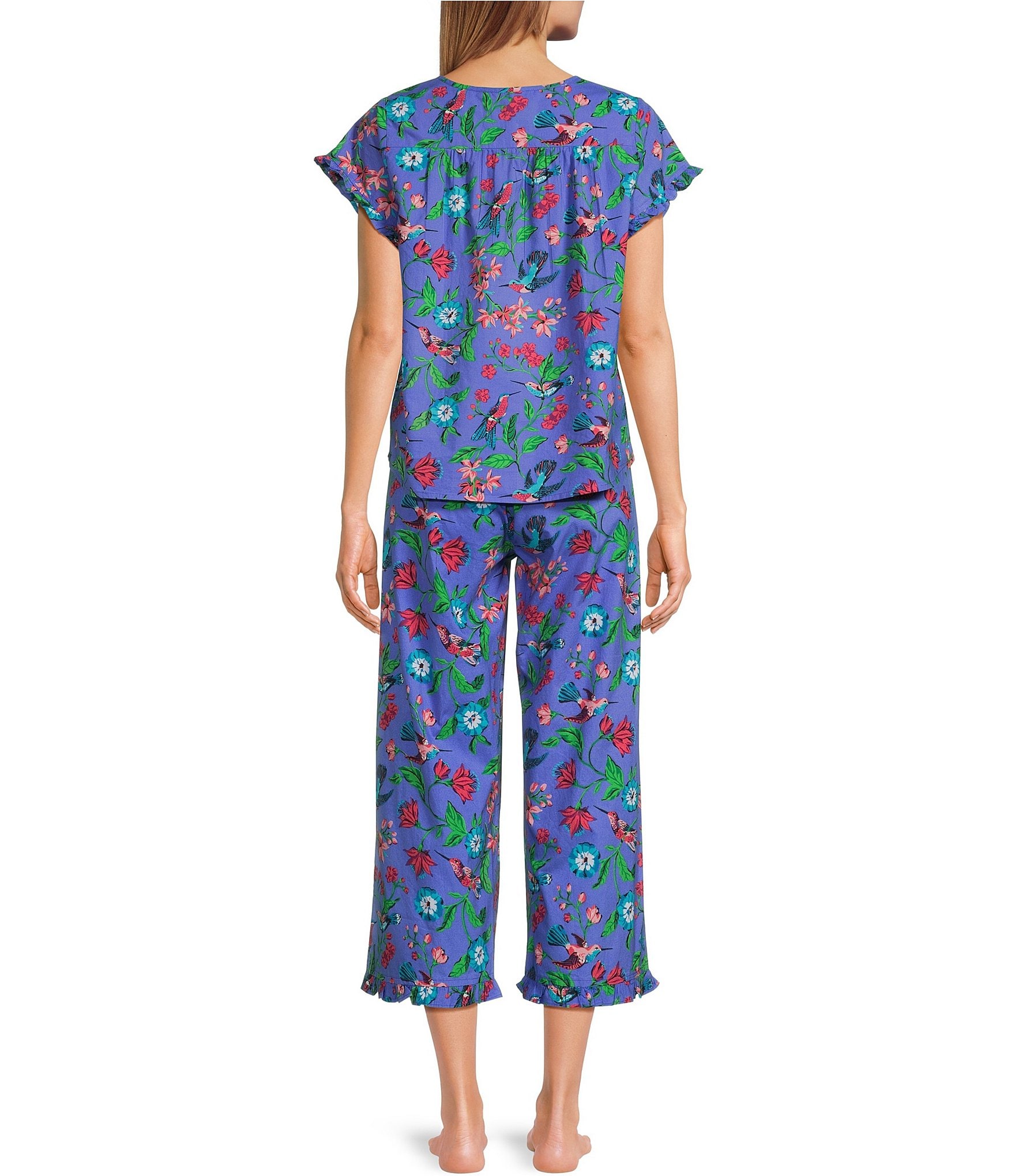 Printfresh Short Sleeve Square Neck Pintuck Detail Woven Hummingbird Floral Print Cropped Pajama Set