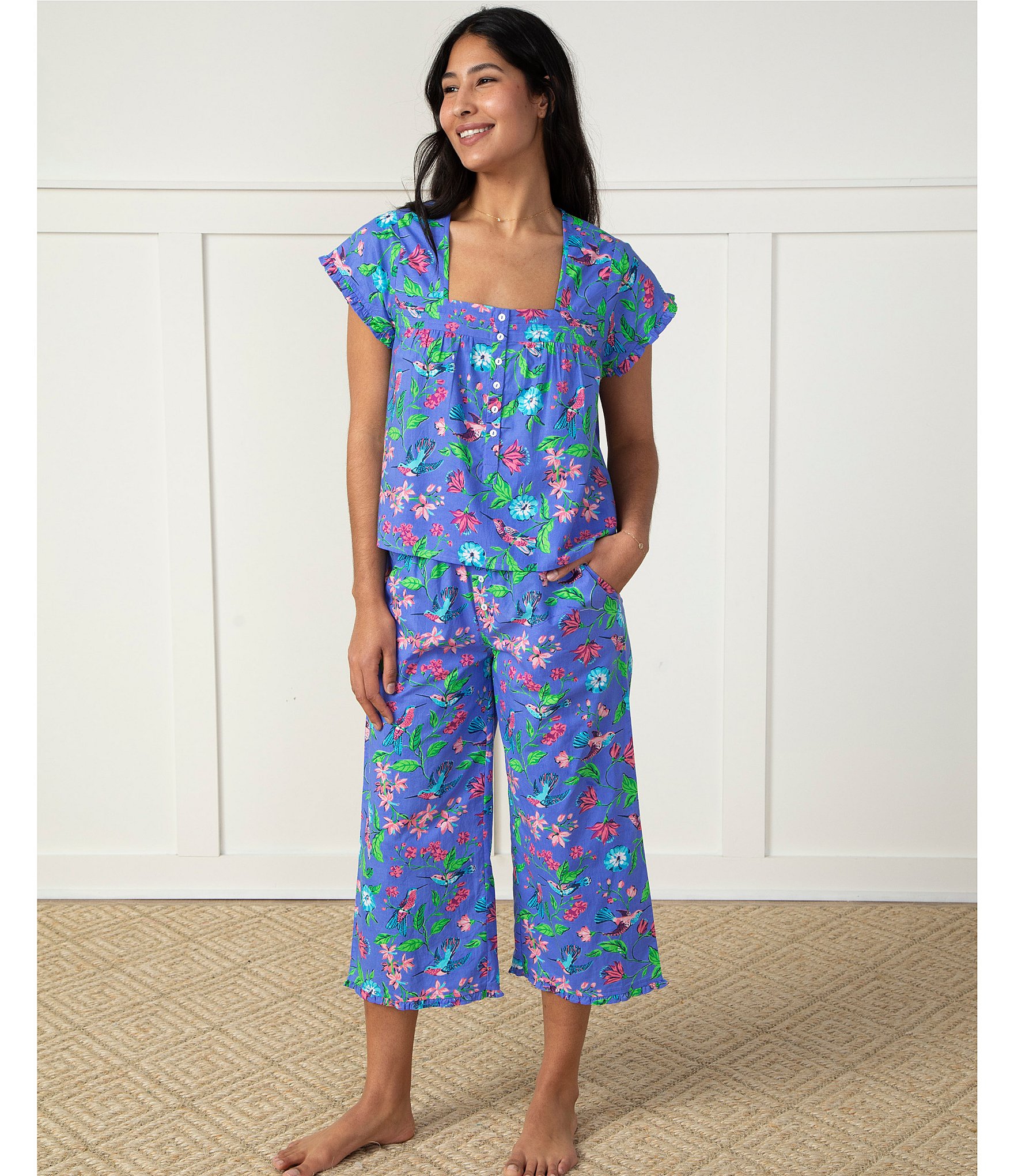 Printfresh Short Sleeve Square Neck Pintuck Detail Woven Hummingbird Floral Print Cropped Pajama Set