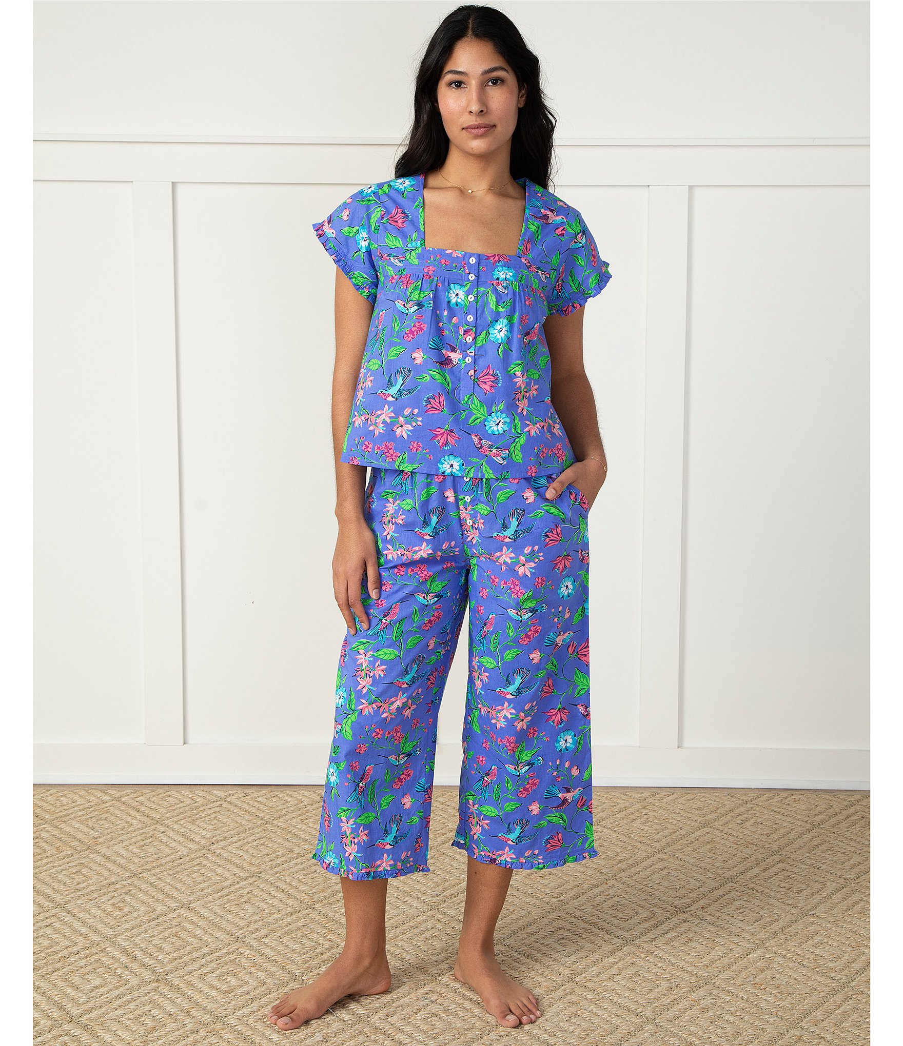 Printfresh Short Sleeve Square Neck Pintuck Detail Woven Hummingbird Floral Print Cropped Pajama Set