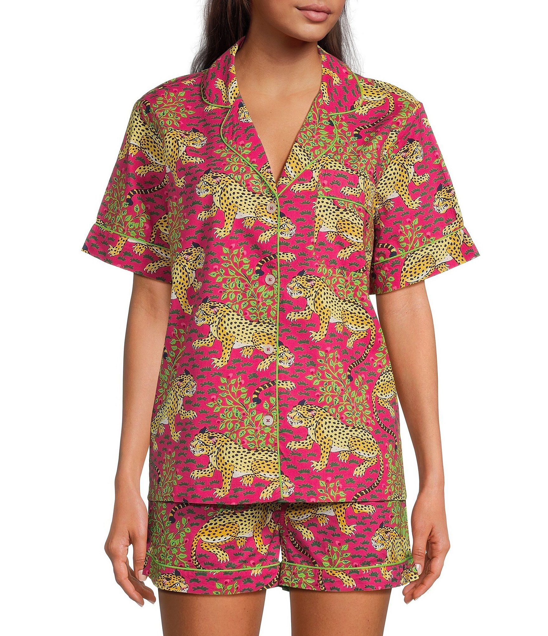 Printfresh Woven Bagheera Leopard Print Short Sleeve Notch Collar Shorty Pajama Set