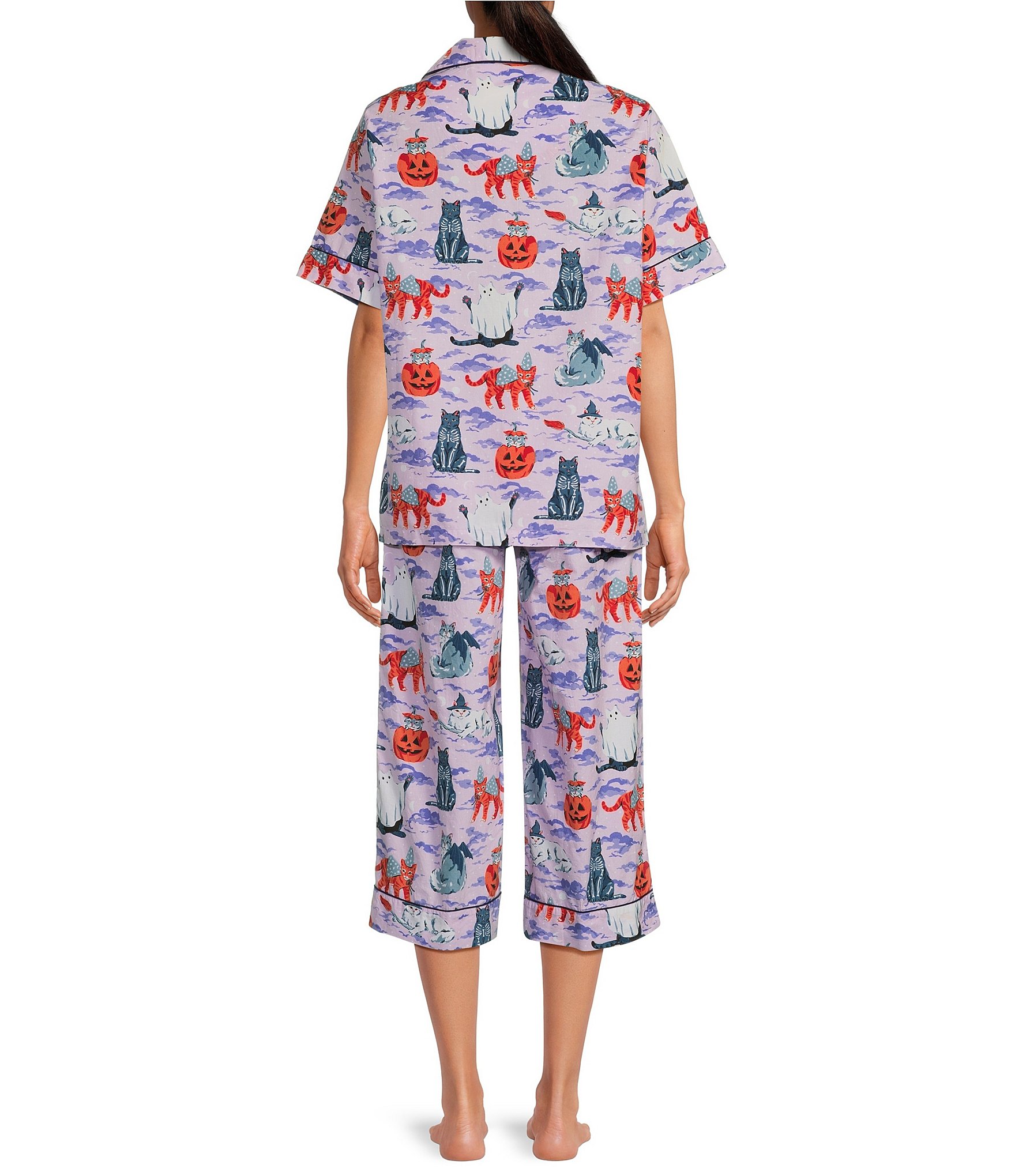 Printfresh Woven Halloween House Cats Short Sleeve Notch Collar Cropped Pajama Set