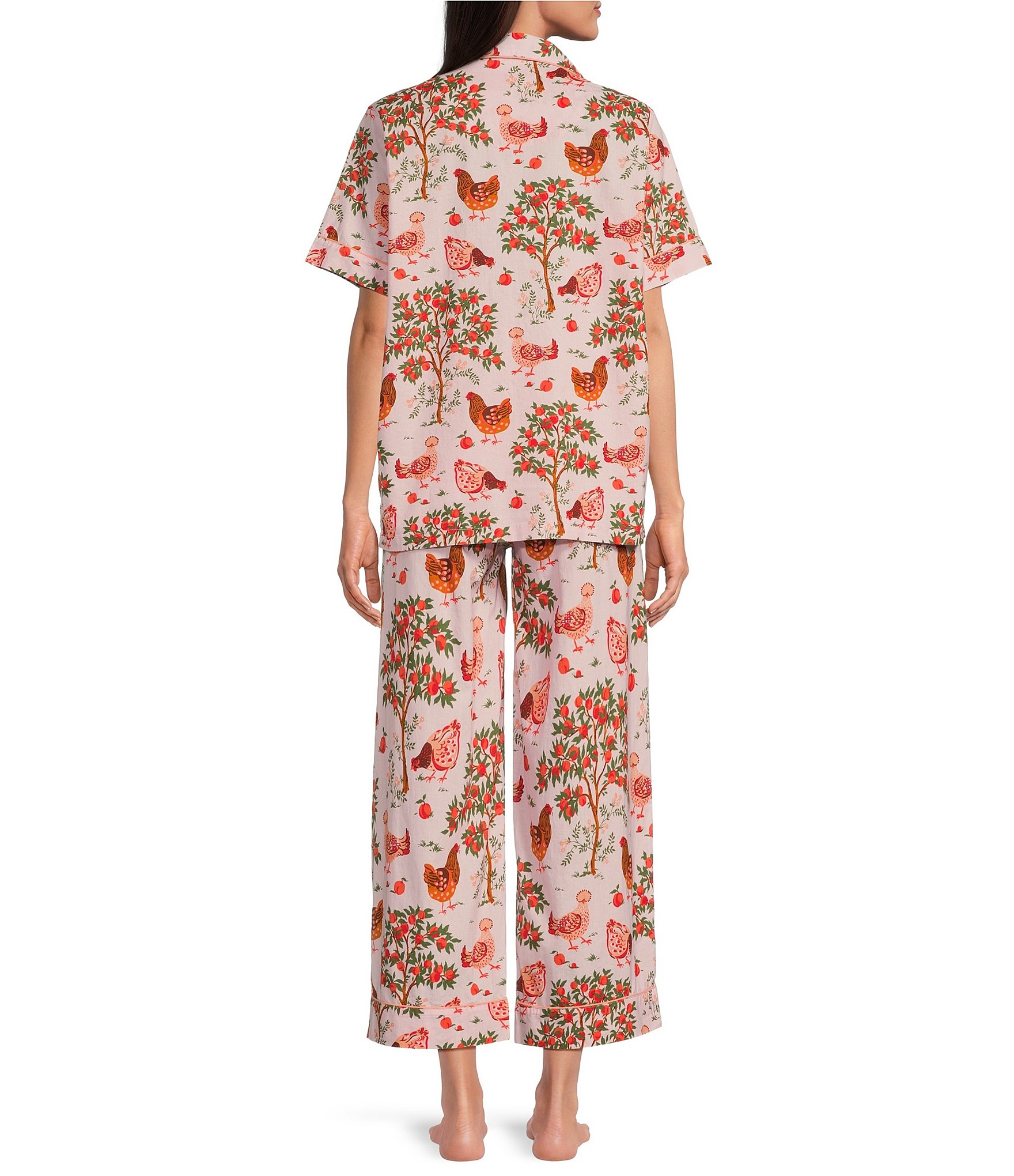 Printfresh Woven Hen House Short Sleeve Notch Collar Cropped Pajama Set