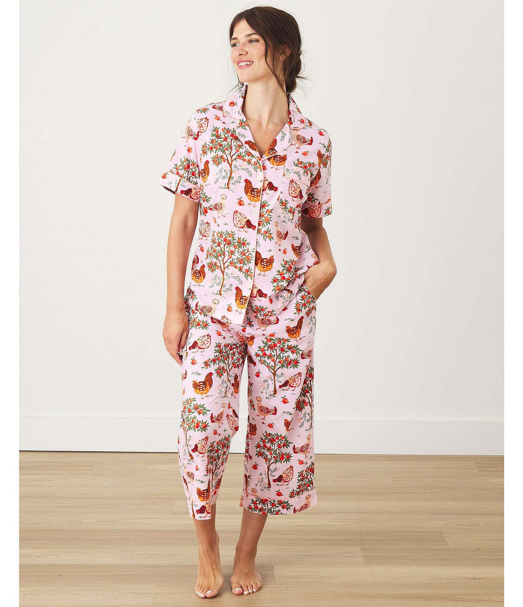 Printfresh Woven Hen House Short Sleeve Notch Collar Cropped Pajama Set