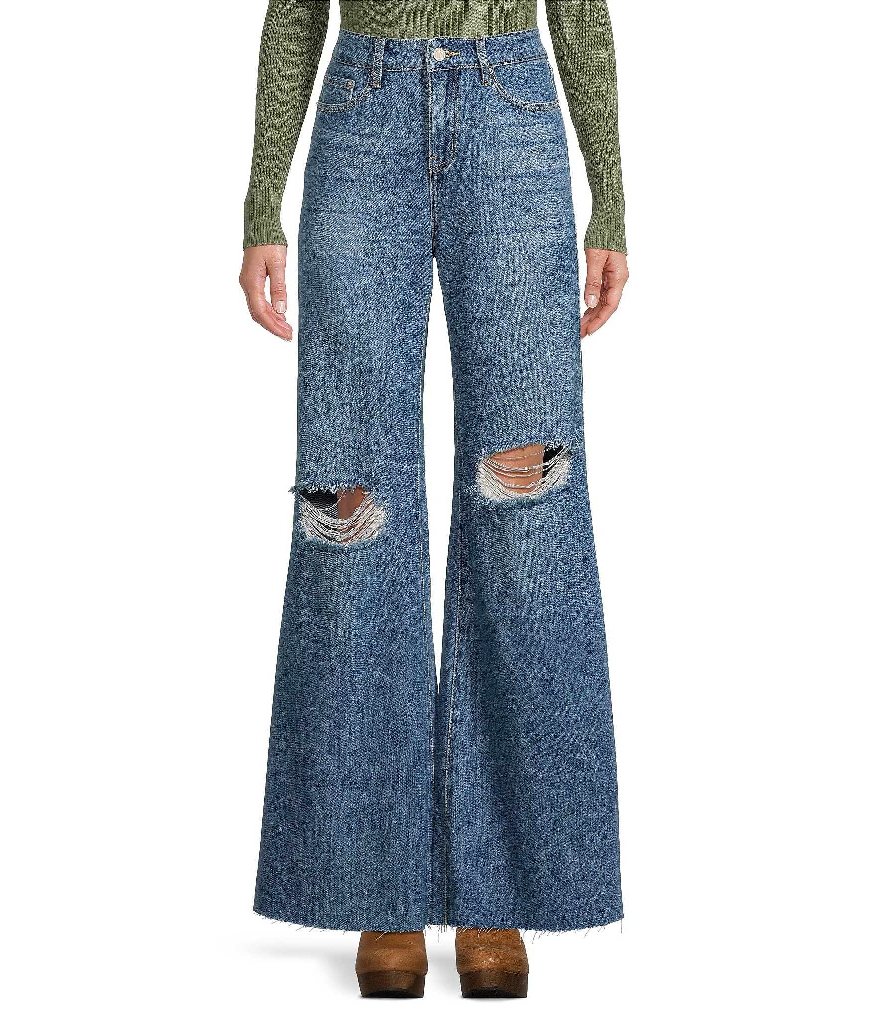 Prosperity Denim High Rise Patch Pocket Wide Leg Distressed Jeans