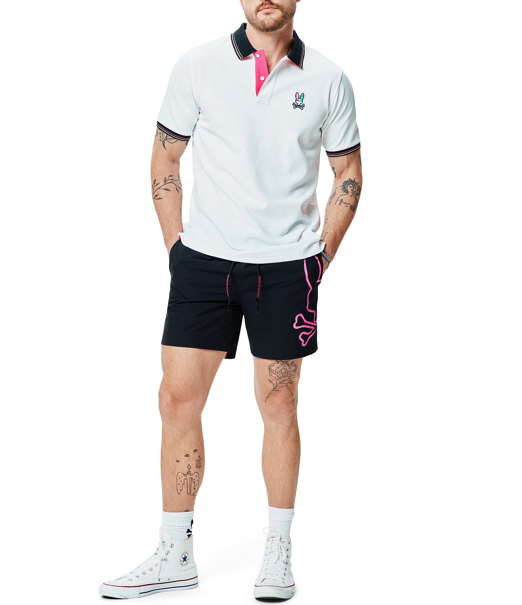 Psycho Bunny Duncan Neon Bunny Outline Solid 5.75#double; Inseam Swim Trunks