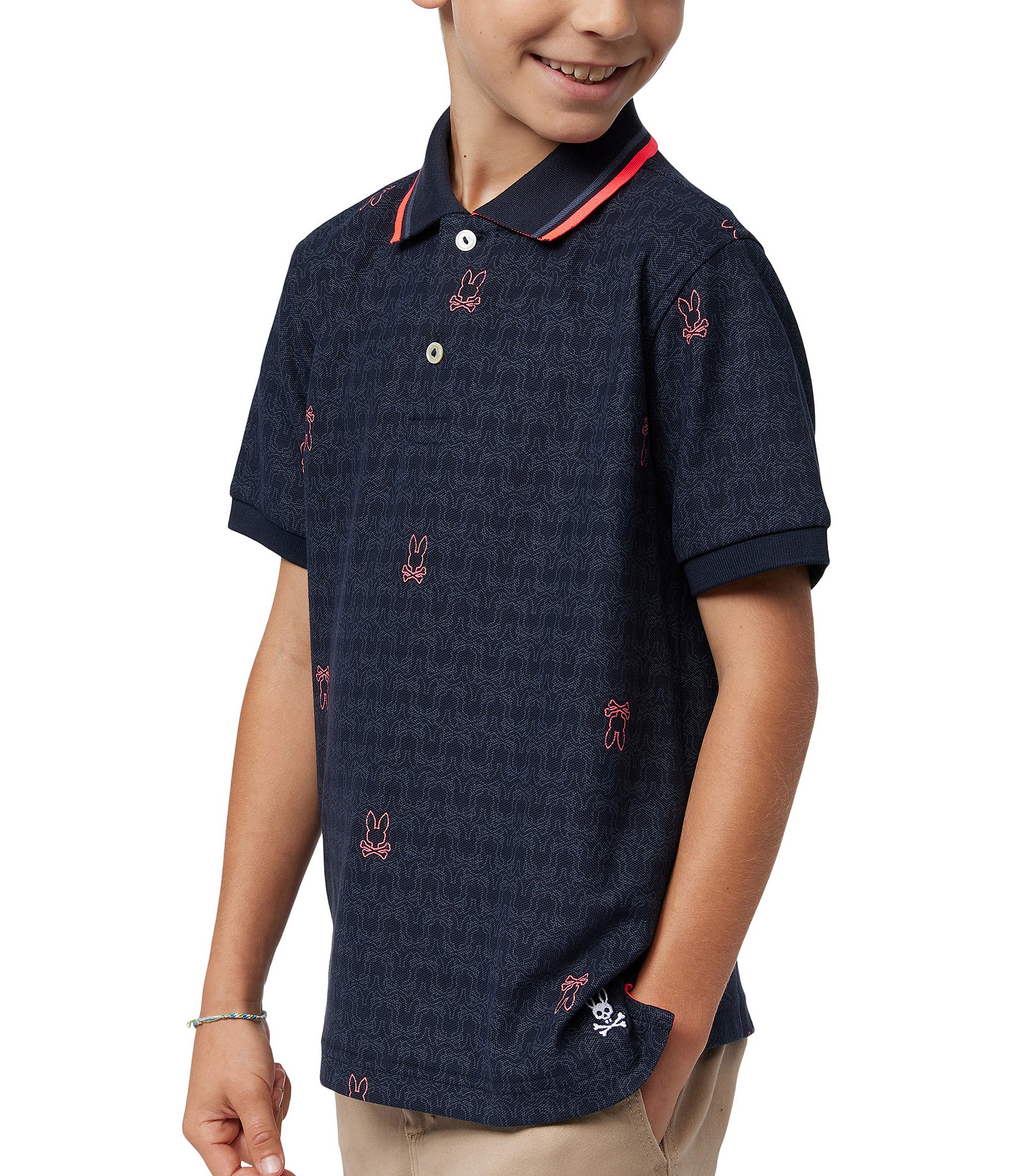 Psycho Bunny Little/Big Boys 5-20 Short Sleeve Belmont Tonal-Striped/Patterned Pique Polo Shirt