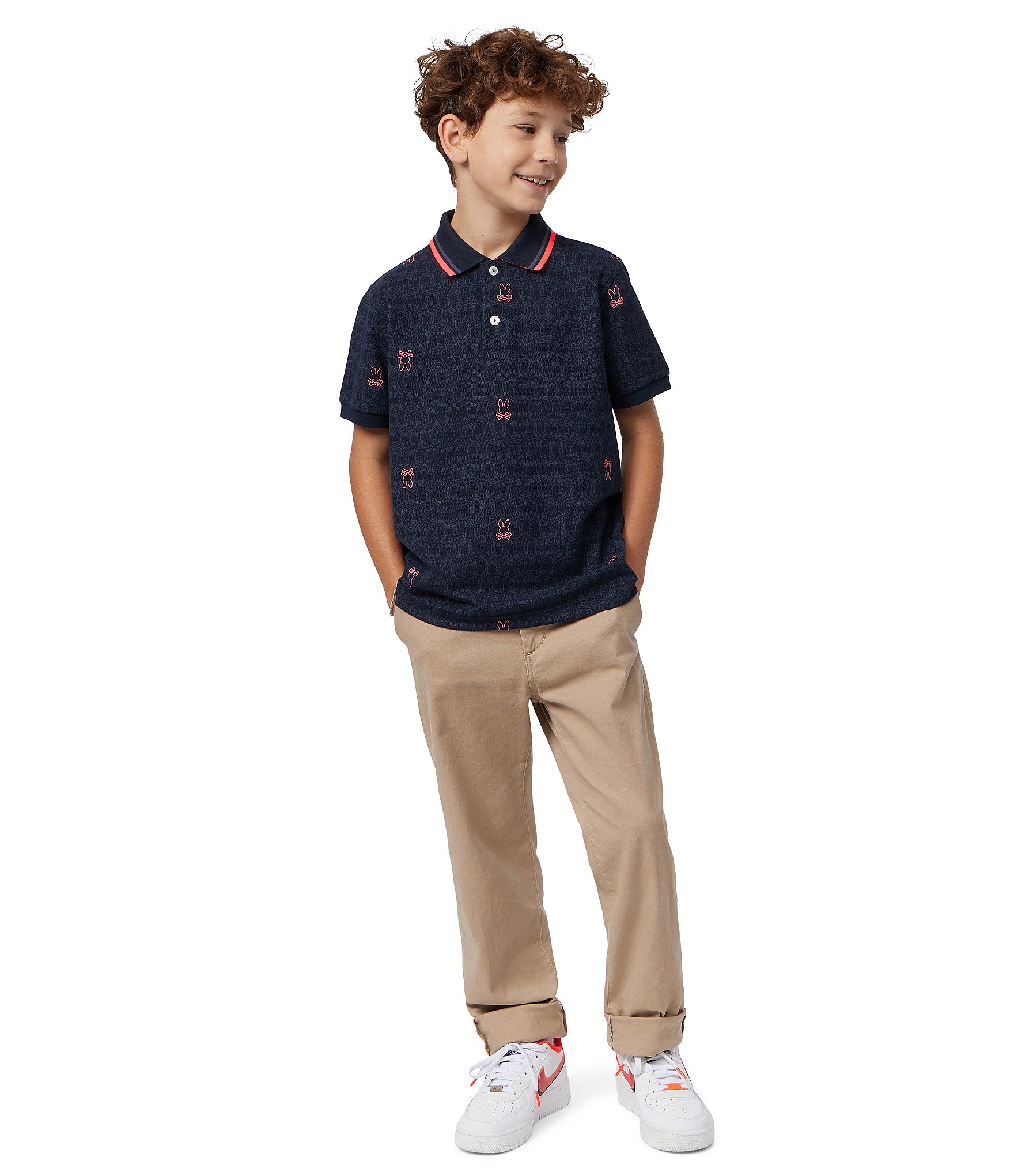 Psycho Bunny Little/Big Boys 5-20 Short Sleeve Belmont Tonal-Striped/Patterned Pique Polo Shirt