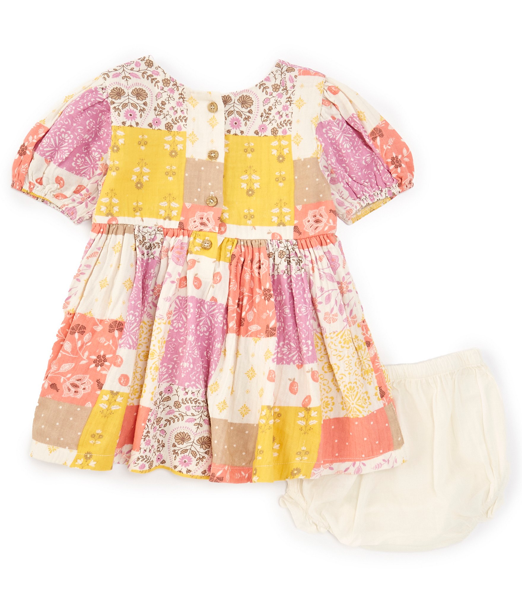 Purebaby Baby Girls Newborn-24 Months Puffed-Sleeve Patchwork Fit-And-Flare Dress