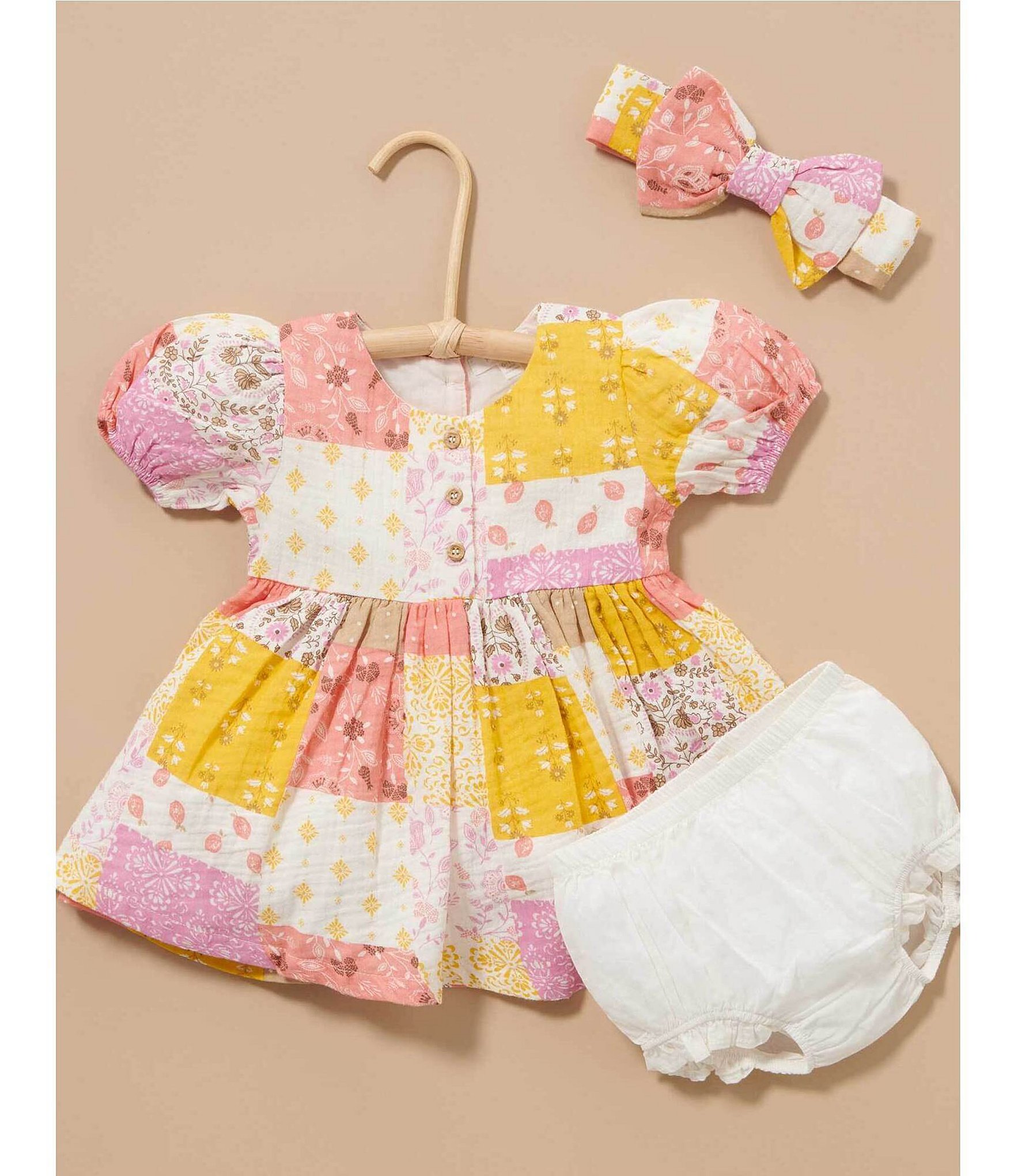 Purebaby Baby Girls Newborn-24 Months Puffed-Sleeve Patchwork Fit-And-Flare Dress