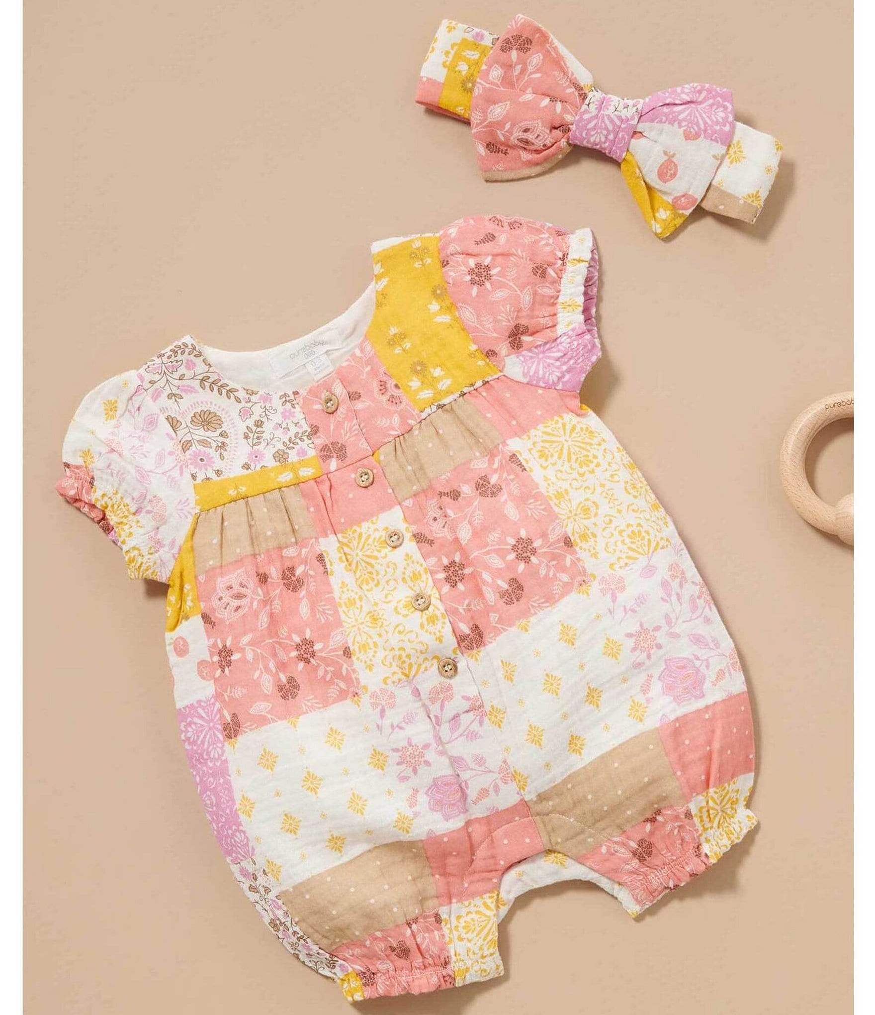 PureBaby® Baby Girls Newborn-24 Months Puffed-Sleeve Patchwork Romper