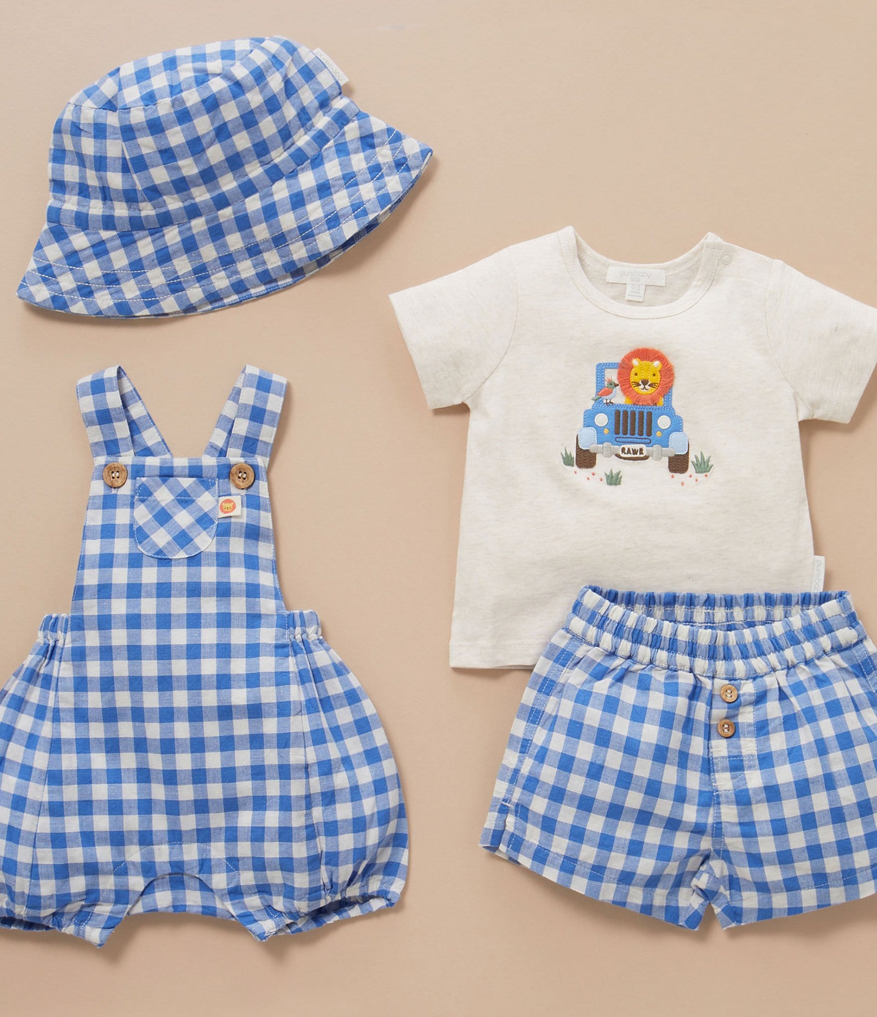 PureBaby®Baby Boys Newborn-24 Months Short Sleeve Animal-Applique Knit T-Shirt & Gingham-Checked Linen-Blend Shorts Set