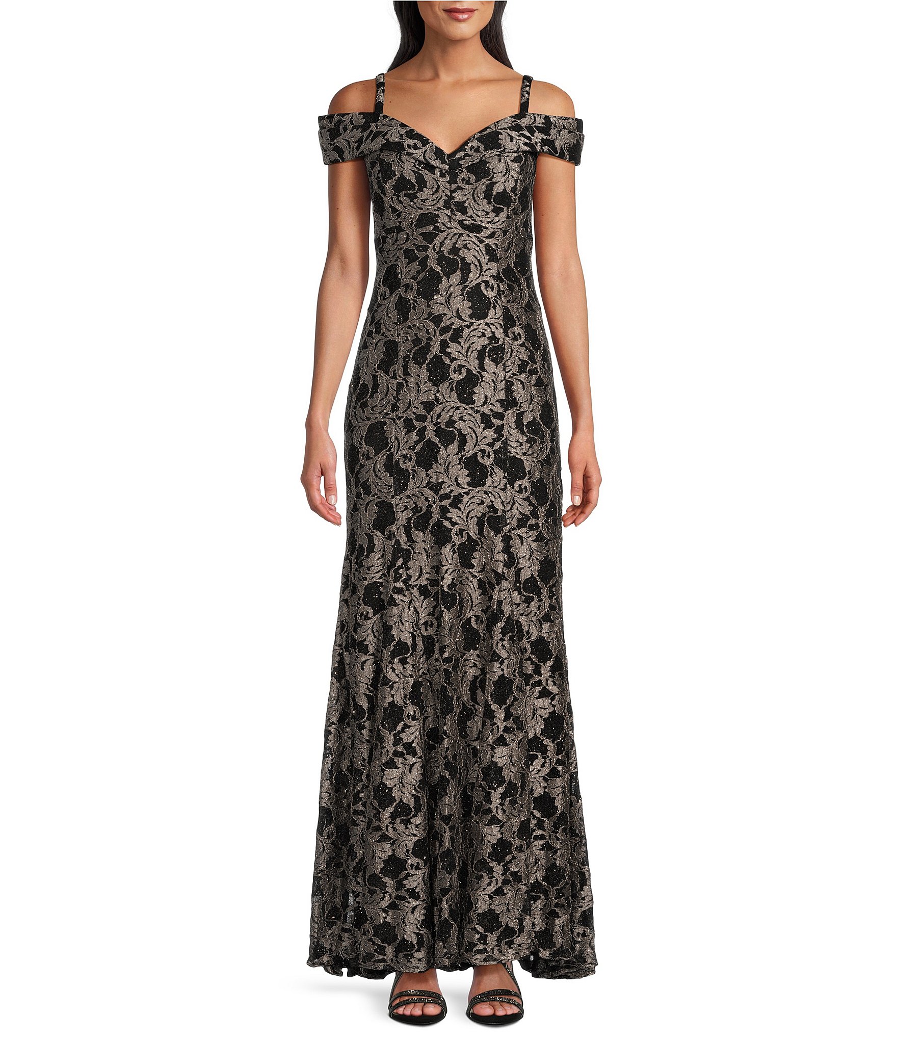 R M Richards 2 Tone Glitter Lace Sweetheart Neck Cold Shoulder Cap Sleeve Gown Dillard s