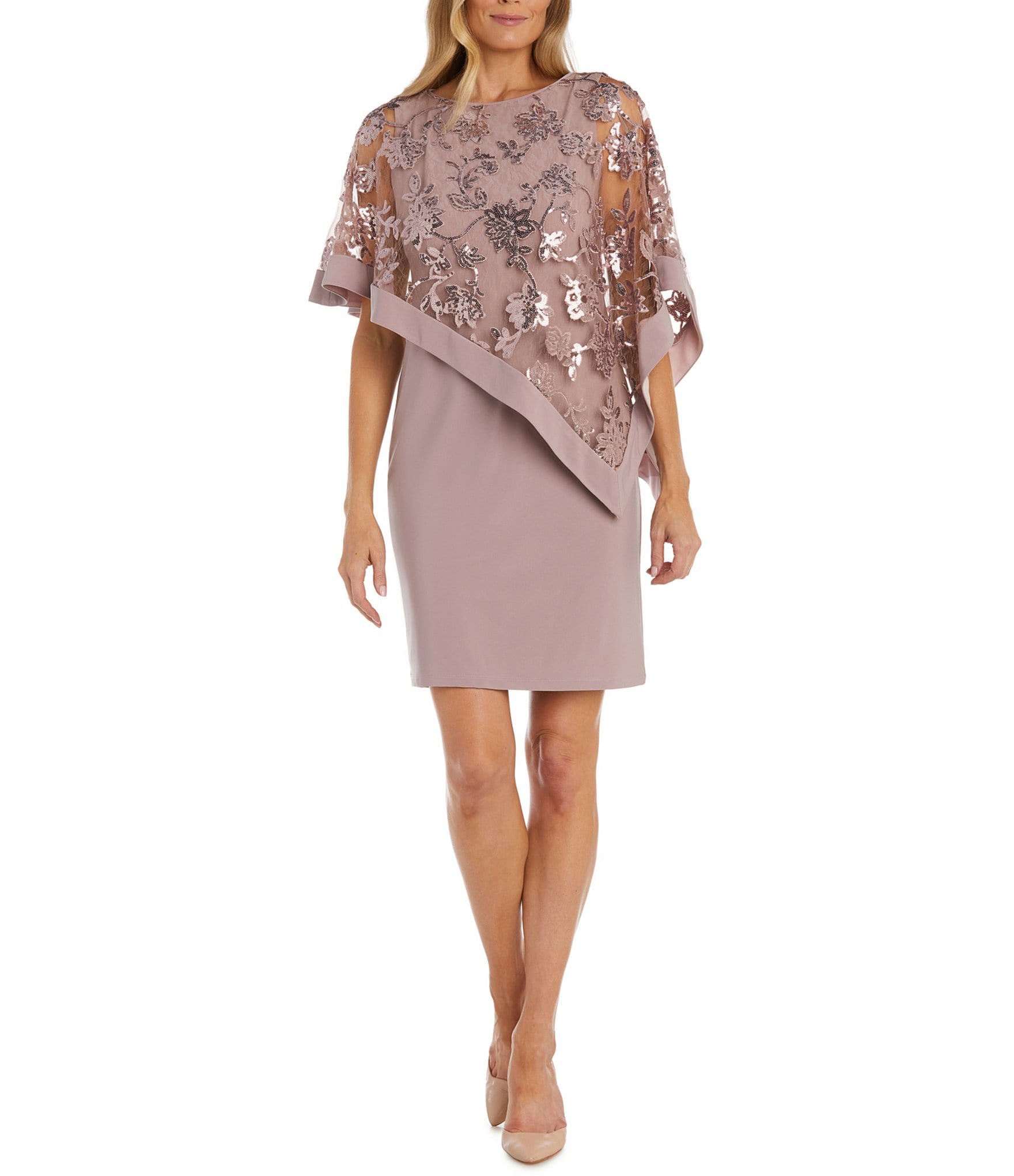 R & M Richards 3/4 Poncho Sleeve Sequin Floral Lace Poncho Dress ...