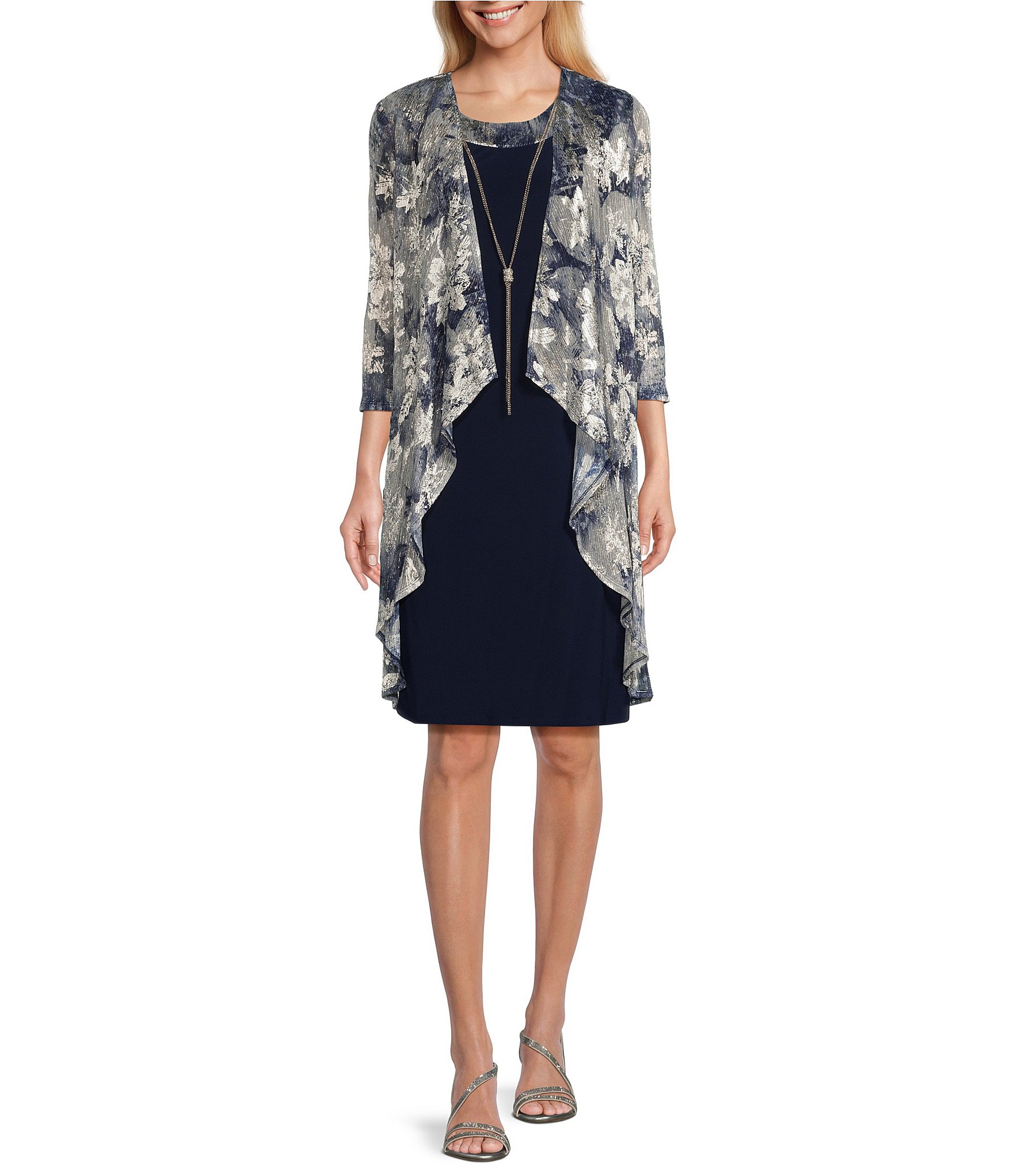 R & M Richards 3/4 Sleeve Crew Neck Crinkle Foil 2-Piece Jacket Dress ...