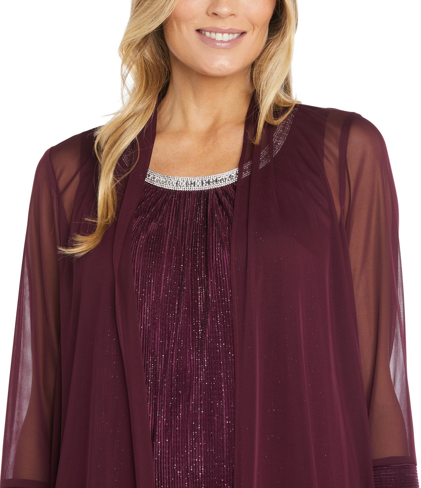 R & M Richards 3/4 Sleeve Embellished Crew Neck Pleated 2-Piece Jacket Dress