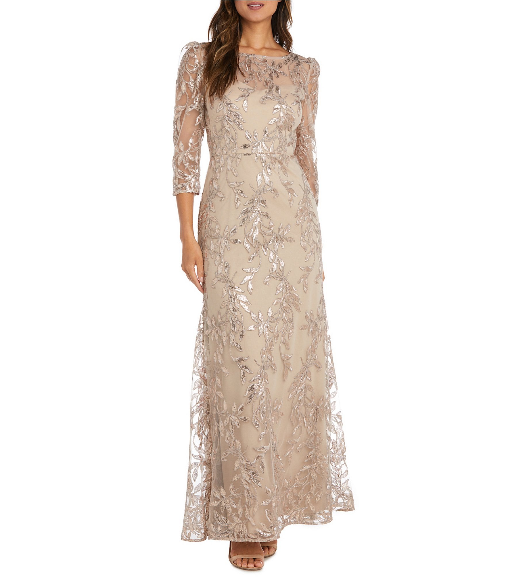 R u0026 M Richards 3/4 Sleeve Illusion Neck Embellished Sequin Gown | Dillard's
