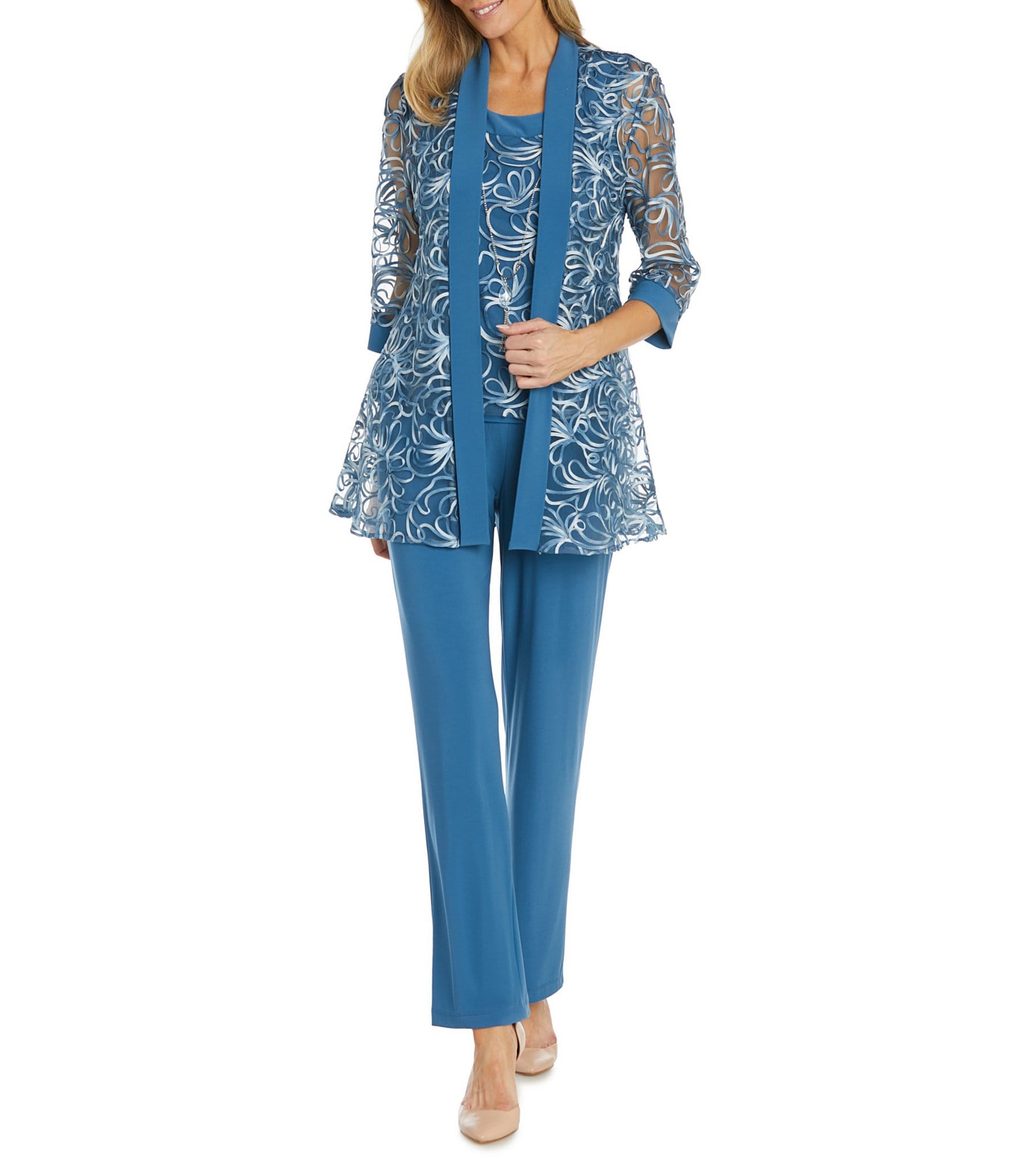 R & M Richards 3/4 Sleeve Round Neck Embroidered 3-Piece Pant Set ...