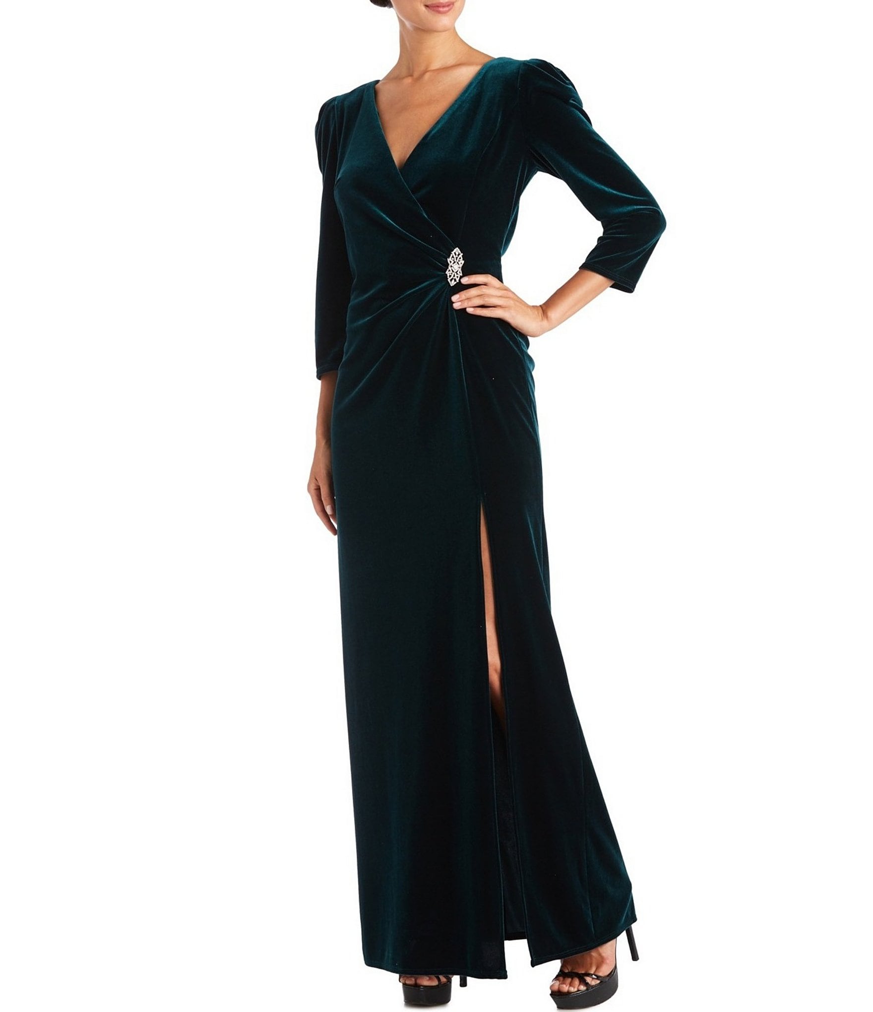 R & M Richards 3/4 Sleeve V-Neck Brooch Embellishment Velvet Gown ...