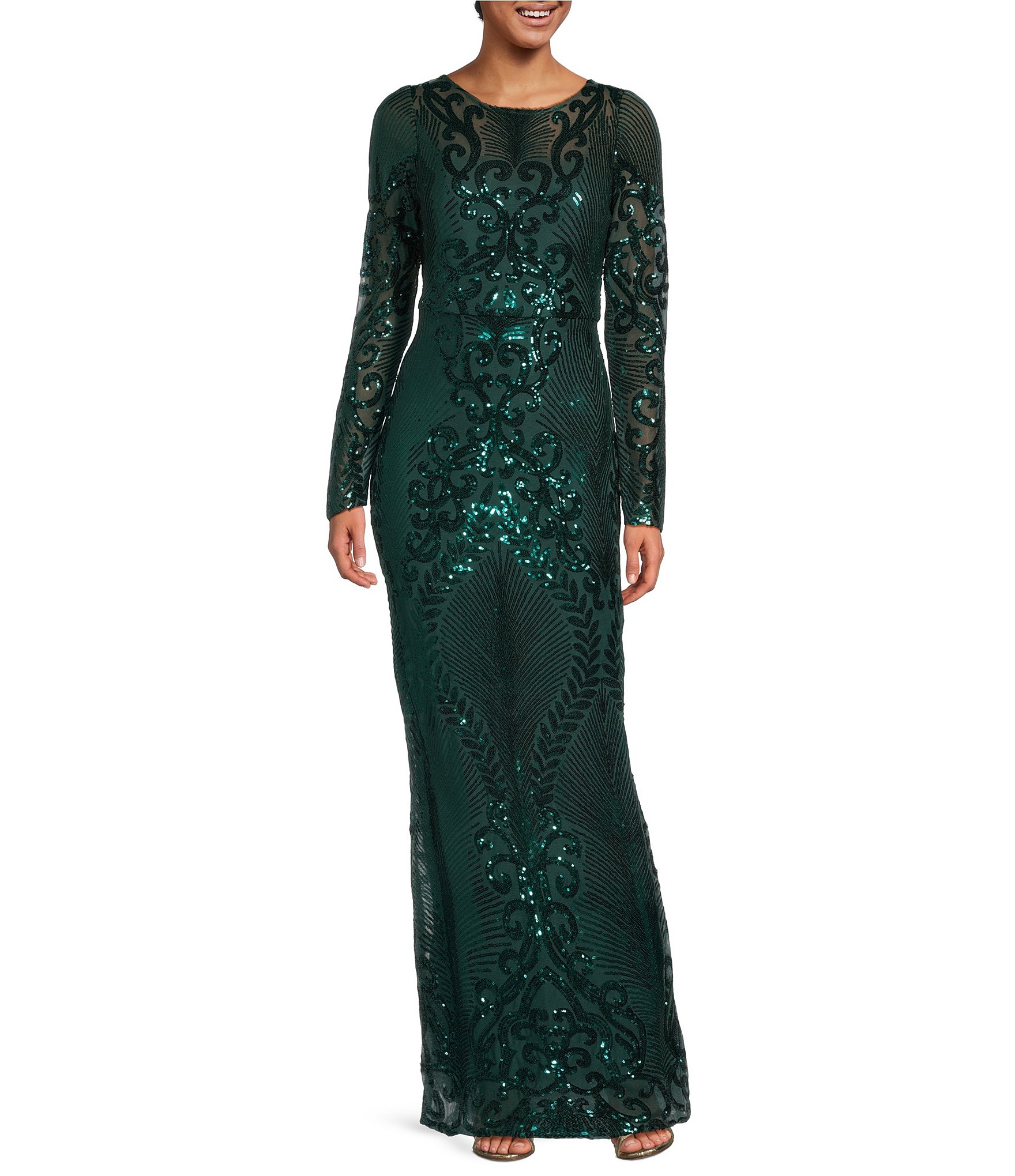 R & M Richards Boat Neck Long Sleeve Sequin Sheath Dress | Dillard's