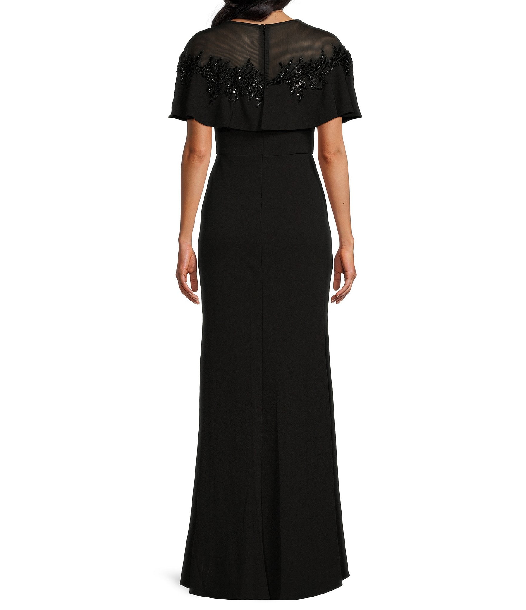 R & M Richards Crew Illusion Neckline Short Sleeve Beaded Applique Sheath Gown