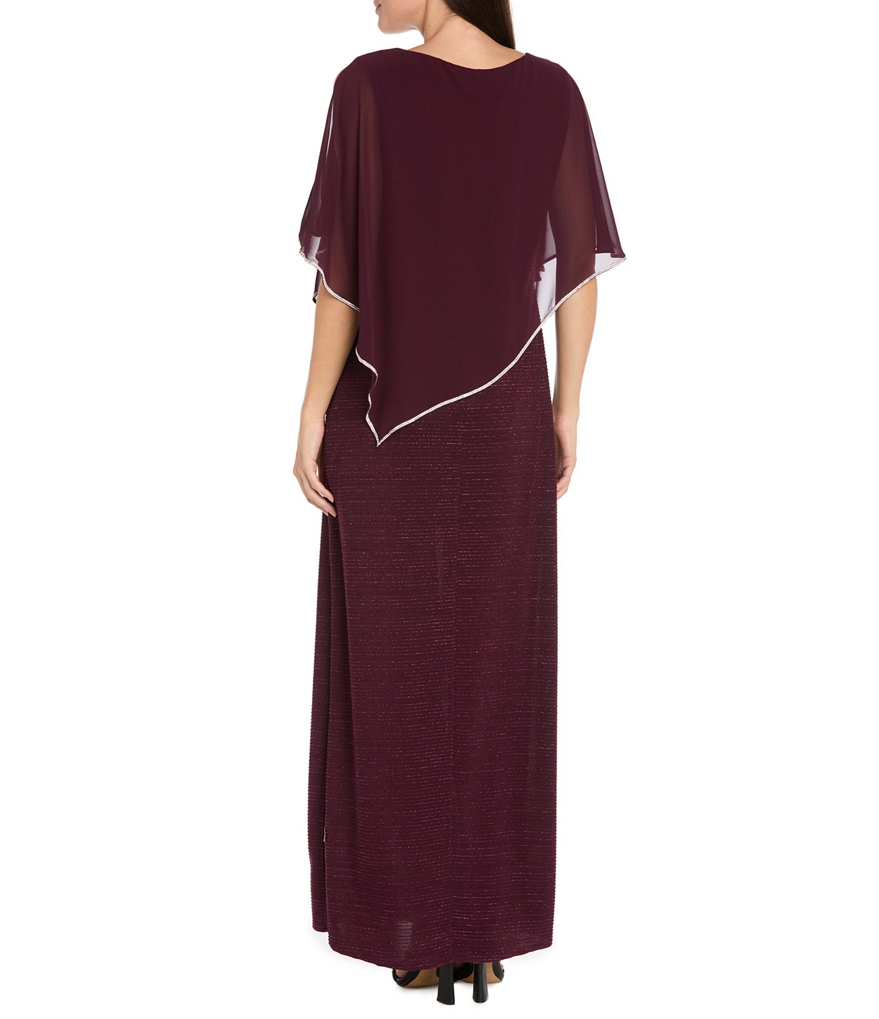 R & M Richards Crew Neck Short Sleeve Poncho Metallic Trim Overlay Popover Gown