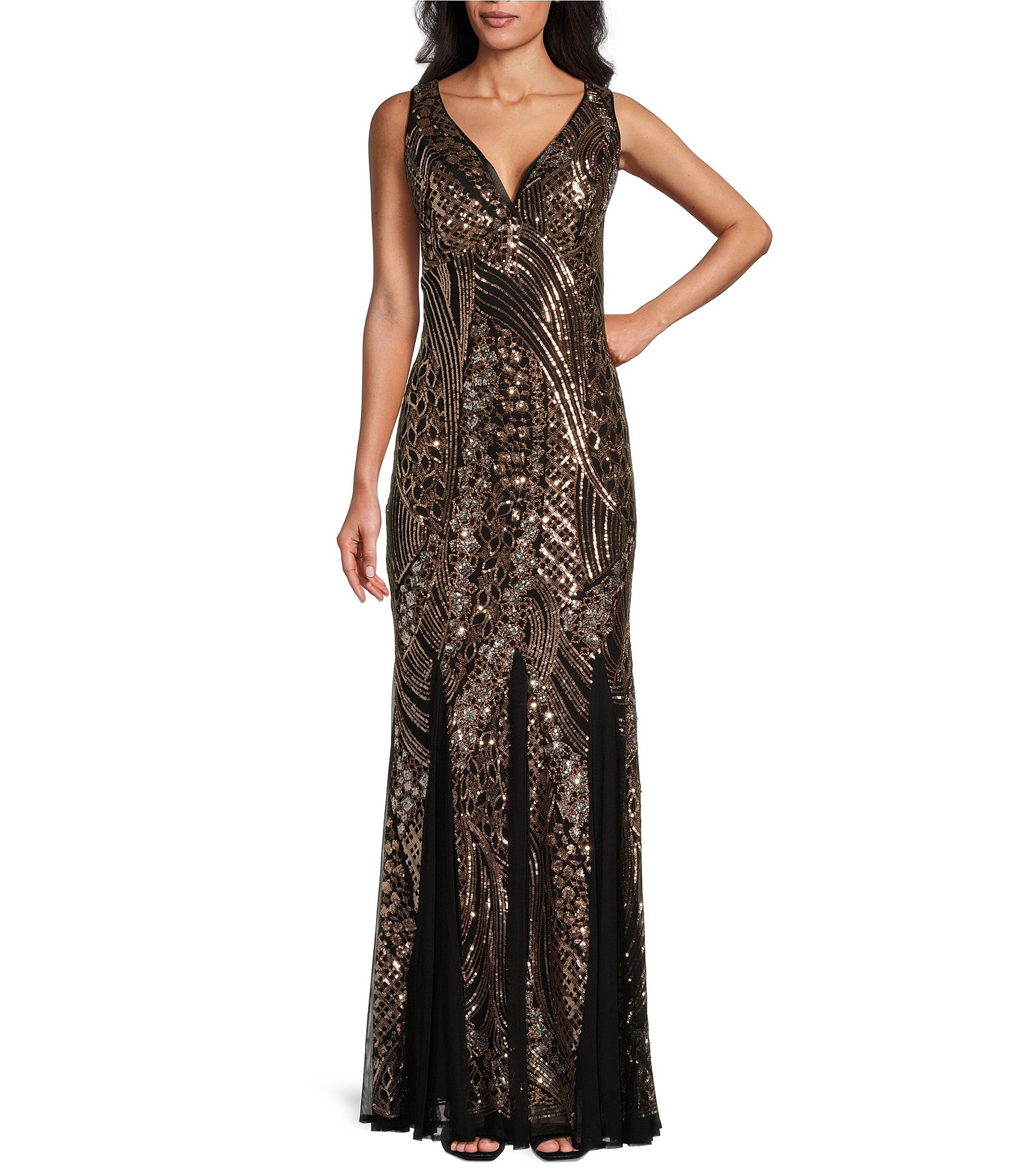 R & M Richards Embordered Sequin V-Neck Sleeveless Godet
