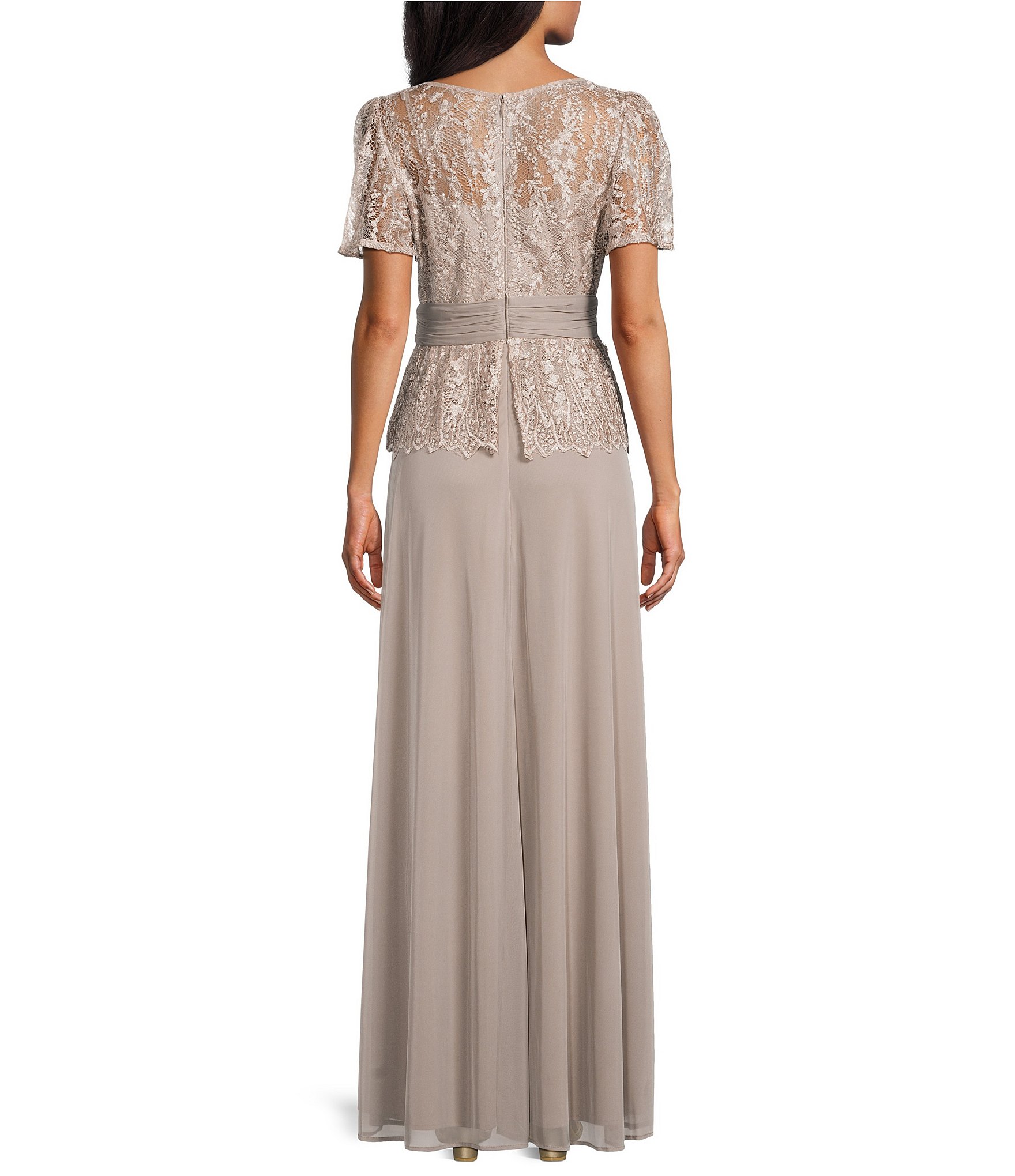 R & M Richards Embroidered Sequin Lace Peplum Chiffon Skirt Gown