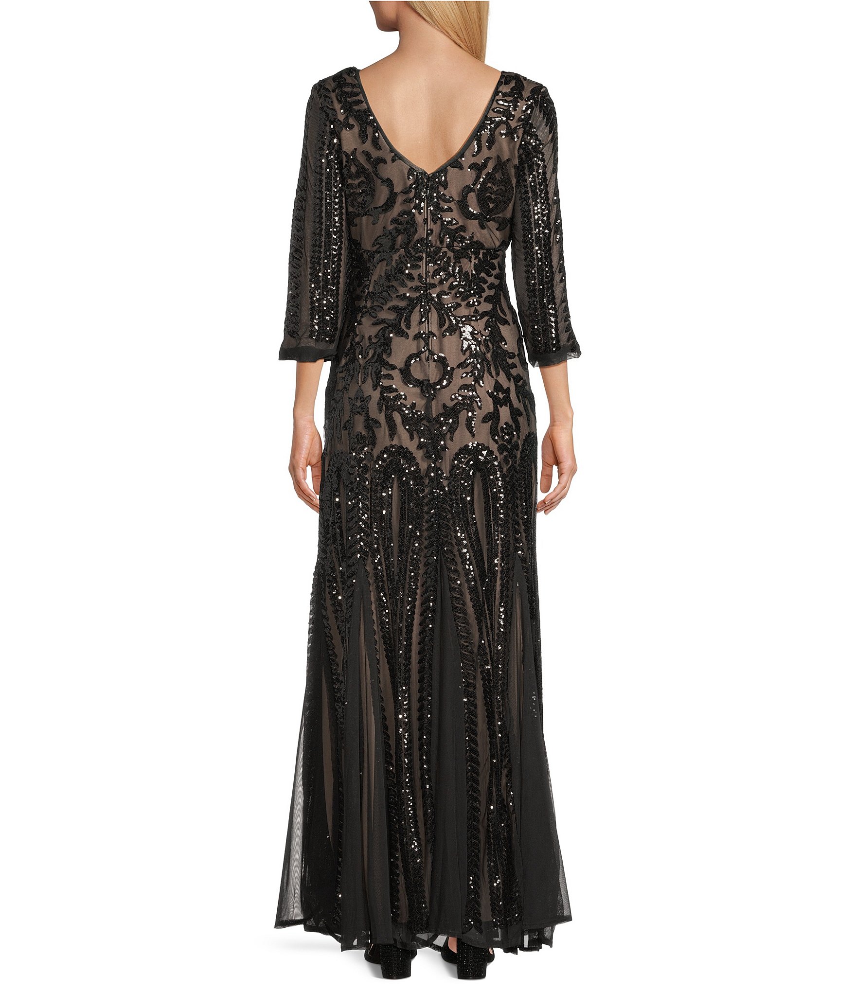 R & M Richards Embroidered Sequin Power Mesh V-Neck 3/4 Sleeve Godet Skirt Gown