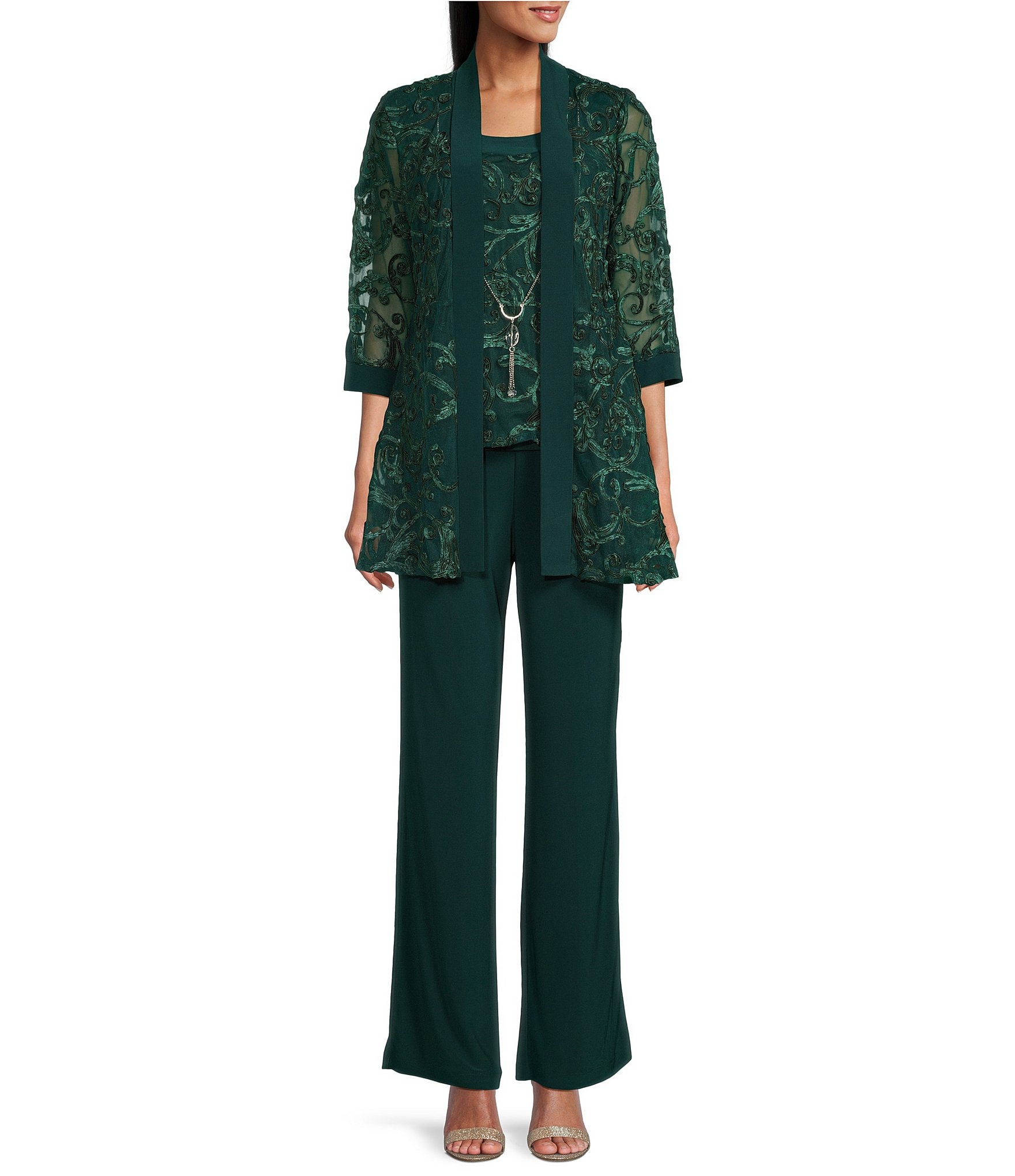 R & M Richards Women's 3Pc Duster Pant Suit, Lace Shell And 3/4