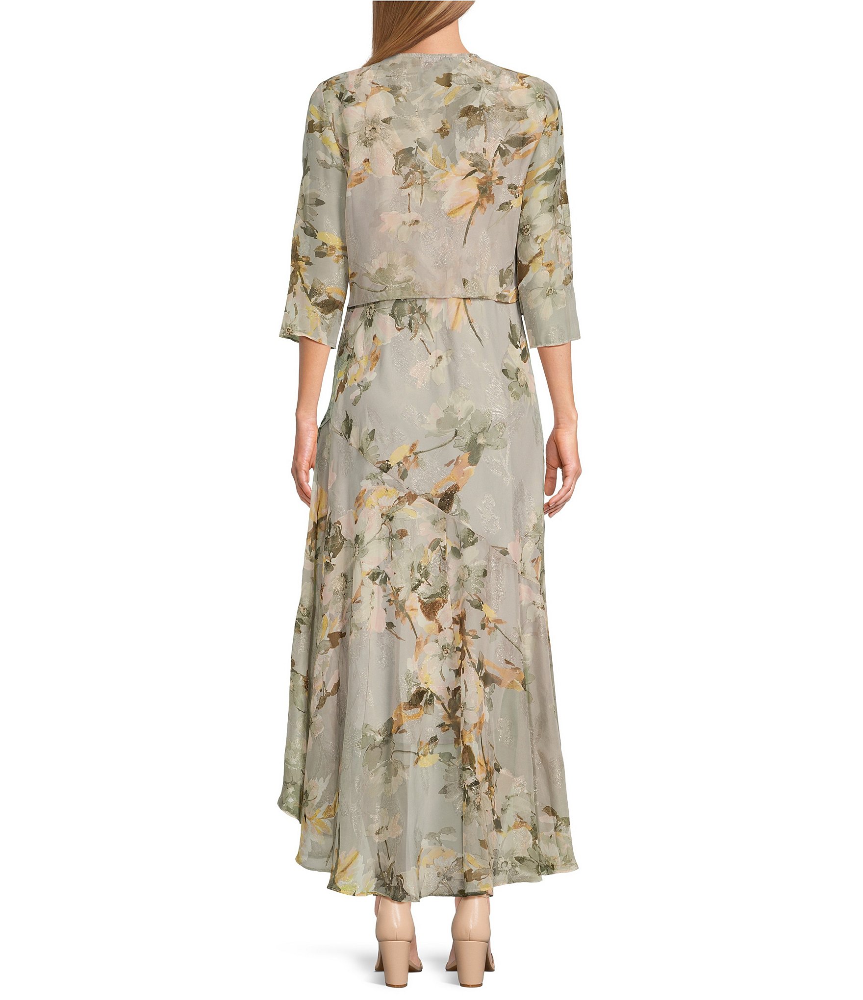 R & M Richards Floral Print Chiffon Bolero 3/4 Sleeve V-Neck Asymmetrical Ruffle Hem 2-Piece Jacket Dress