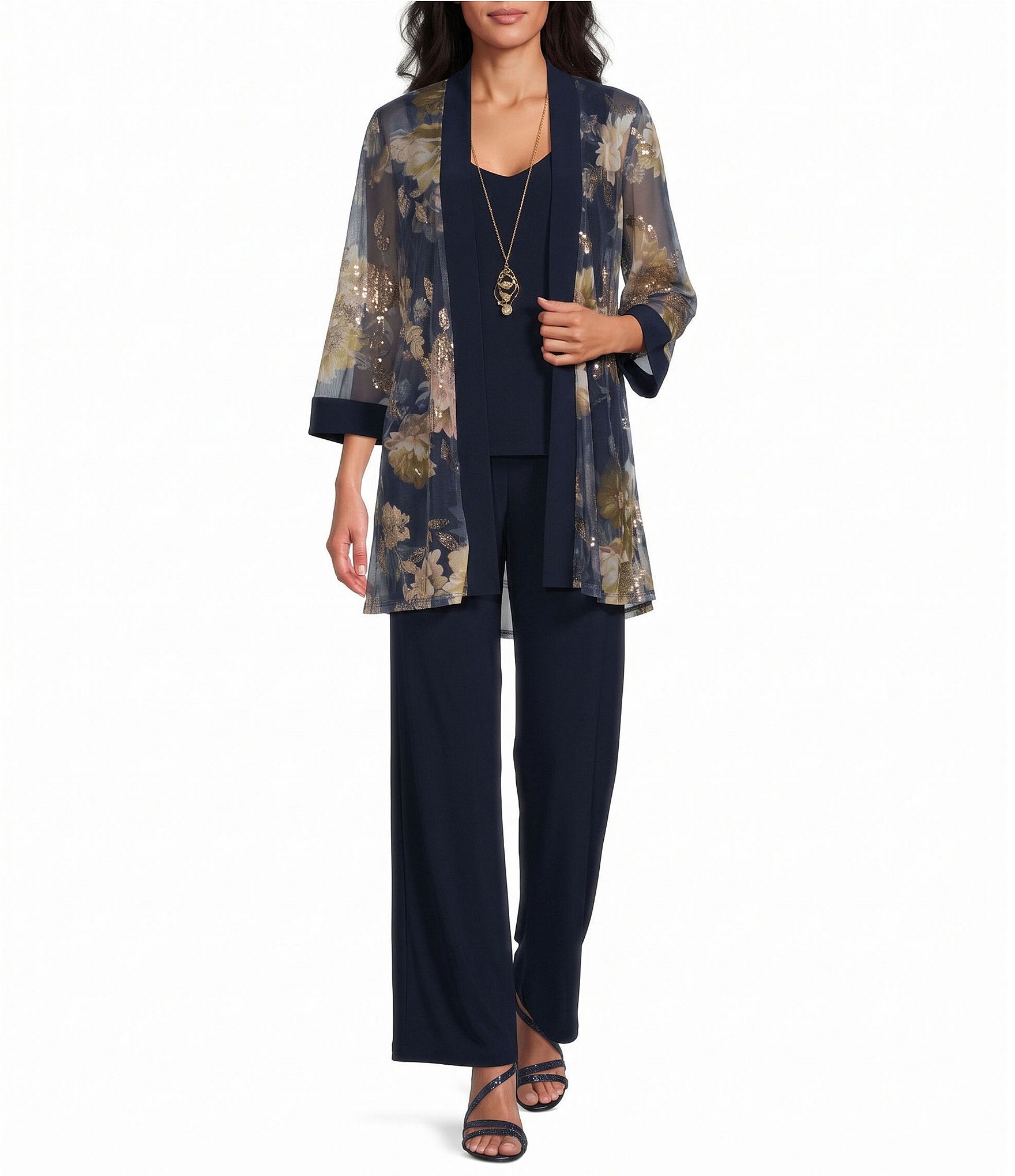 R & M Richards Floral Sequin Metallic Print Mesh Jacket Solid ITY Pant 3-Piece Pantsuit