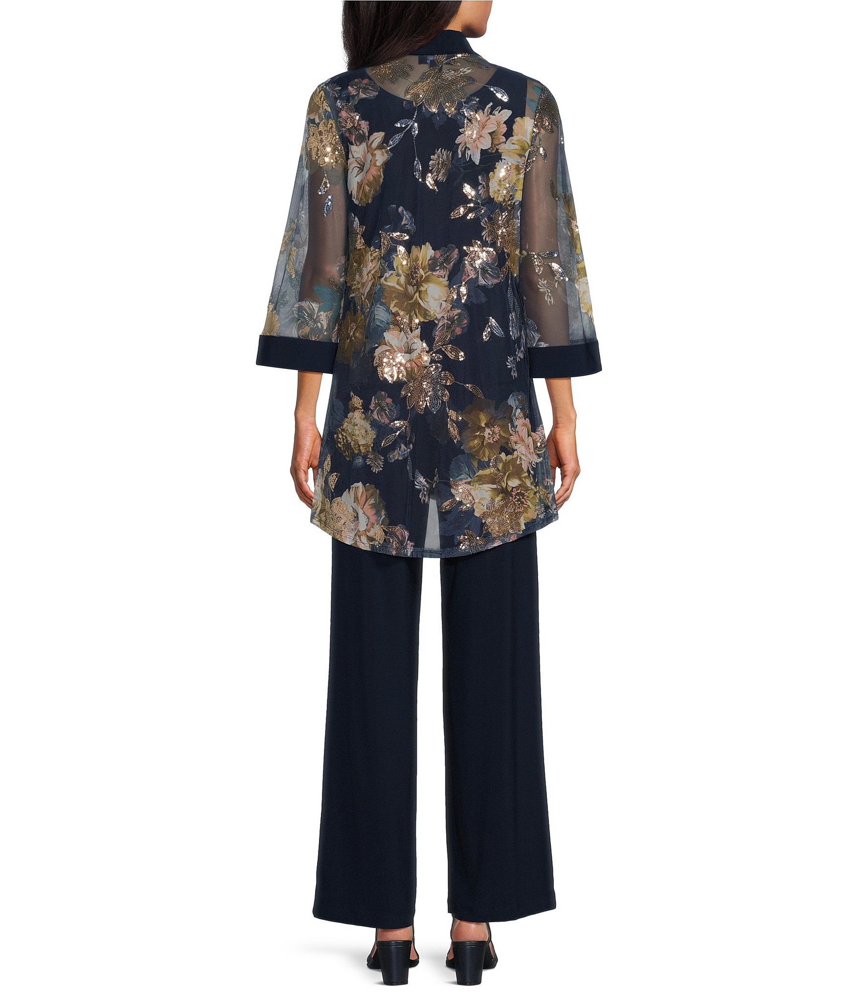 R & M Richards Floral Sequin Metallic Print Mesh Jacket Solid ITY Pant 3-Piece Pantsuit