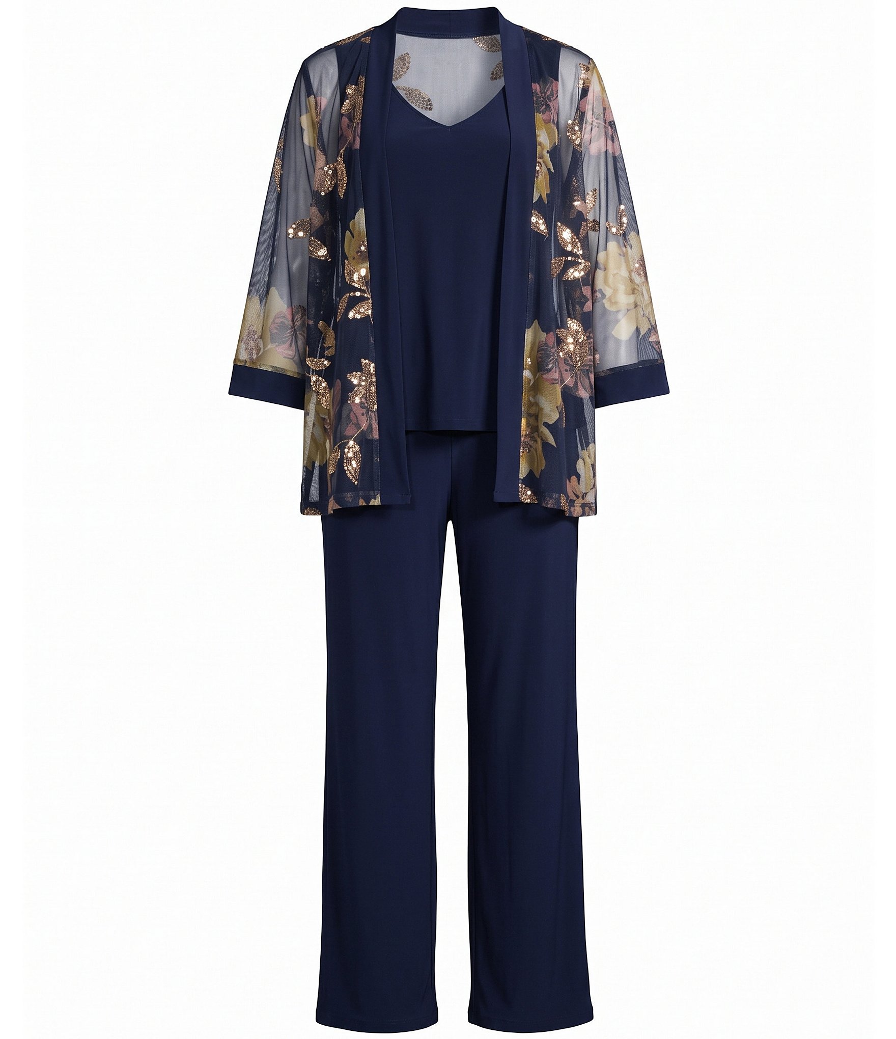 R & M Richards Floral Sequin Metallic Print Mesh Jacket Solid ITY Pant 3-Piece Pantsuit