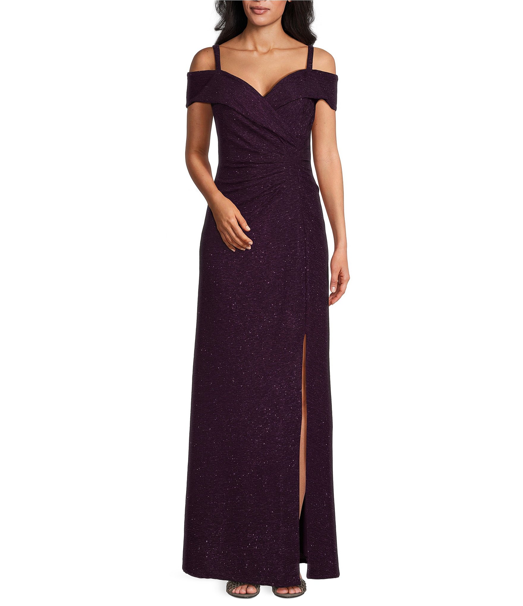 R & M Richards Glitter Fukuro Knit Sweetheart Neck Cap Sleeve Sheath Gown