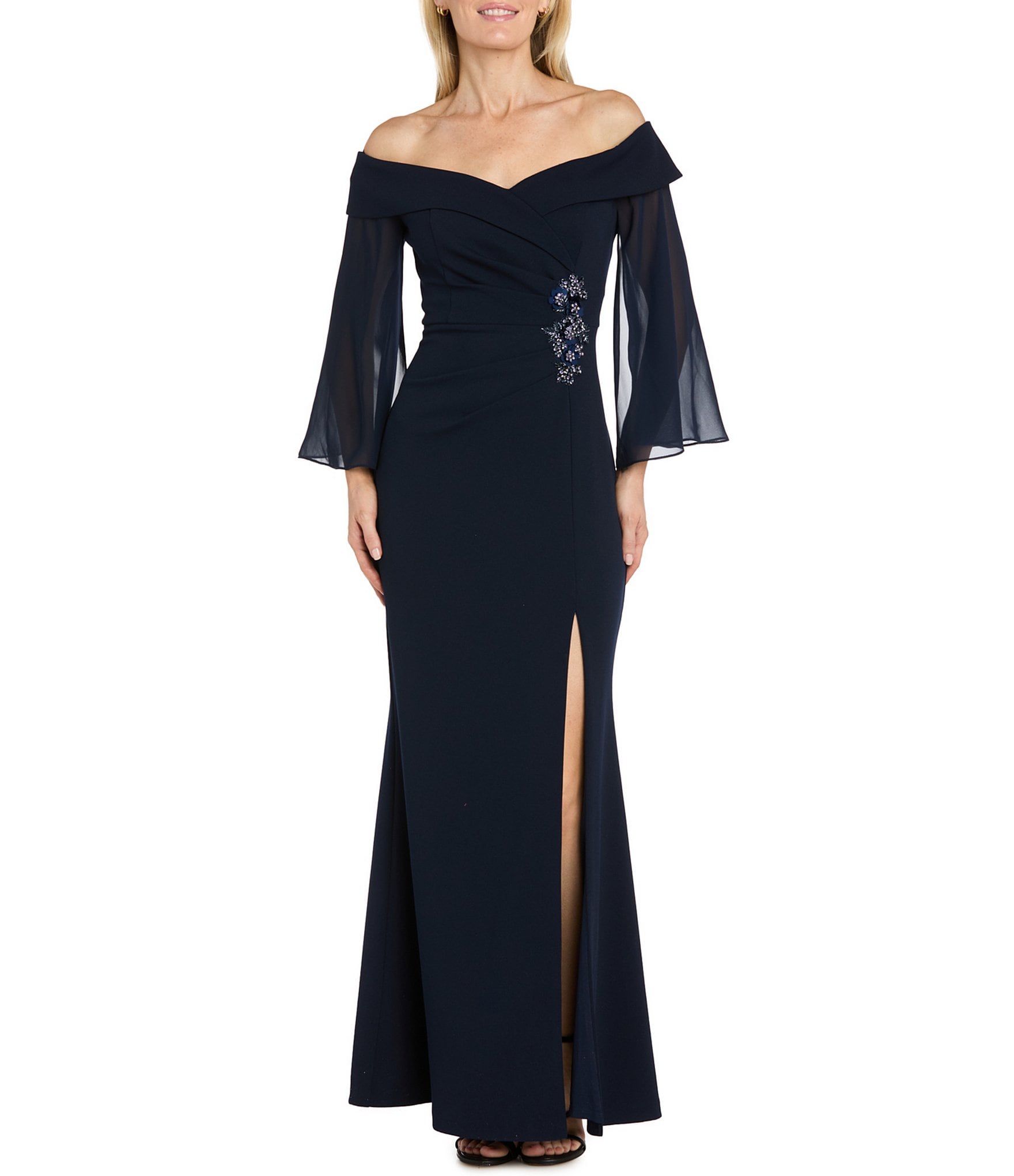 R & M Richards Hand Beaded Chiffon Sleeve Long Dress