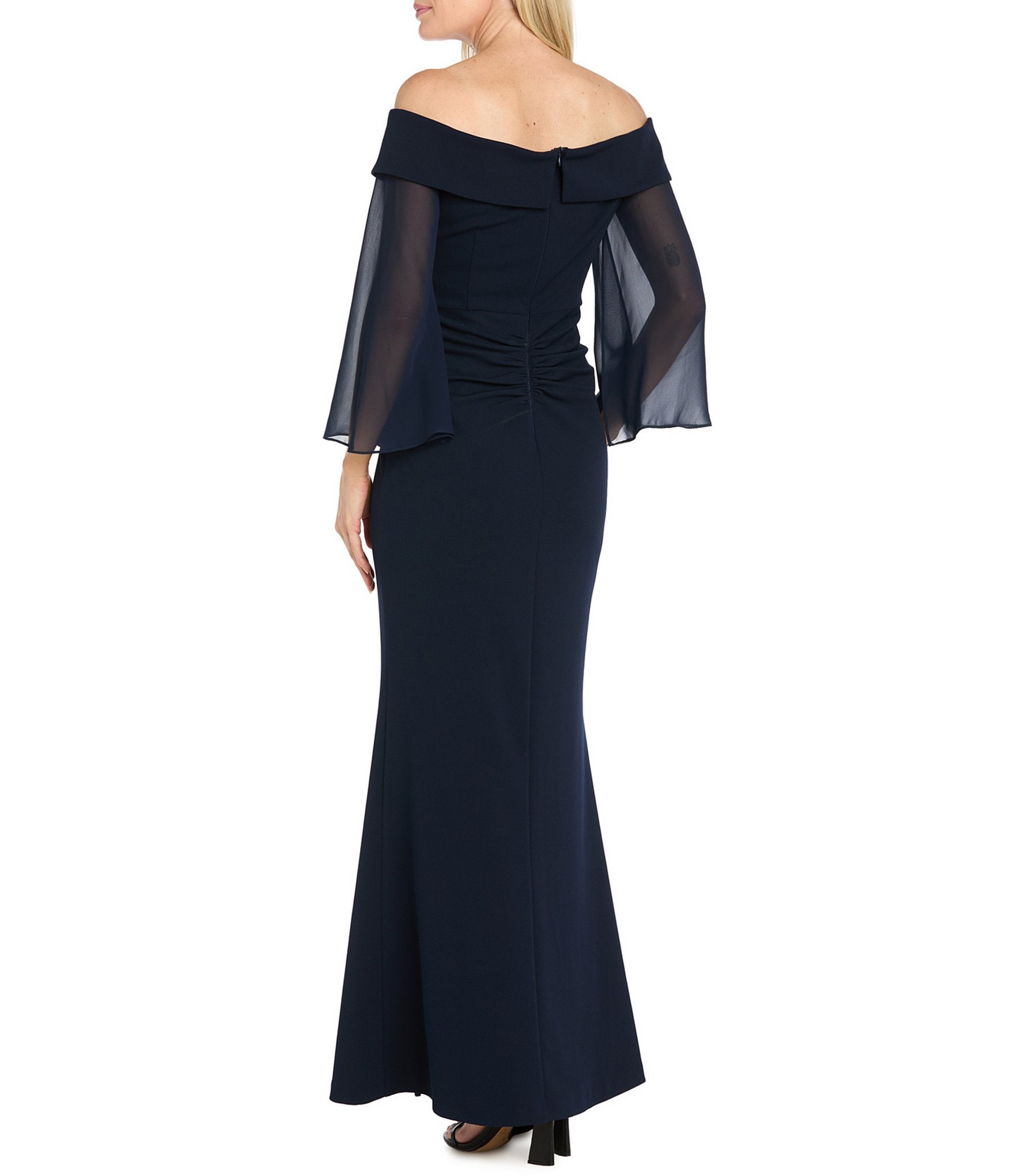 R & M Richards Hand Beaded Chiffon Sleeve Long Dress