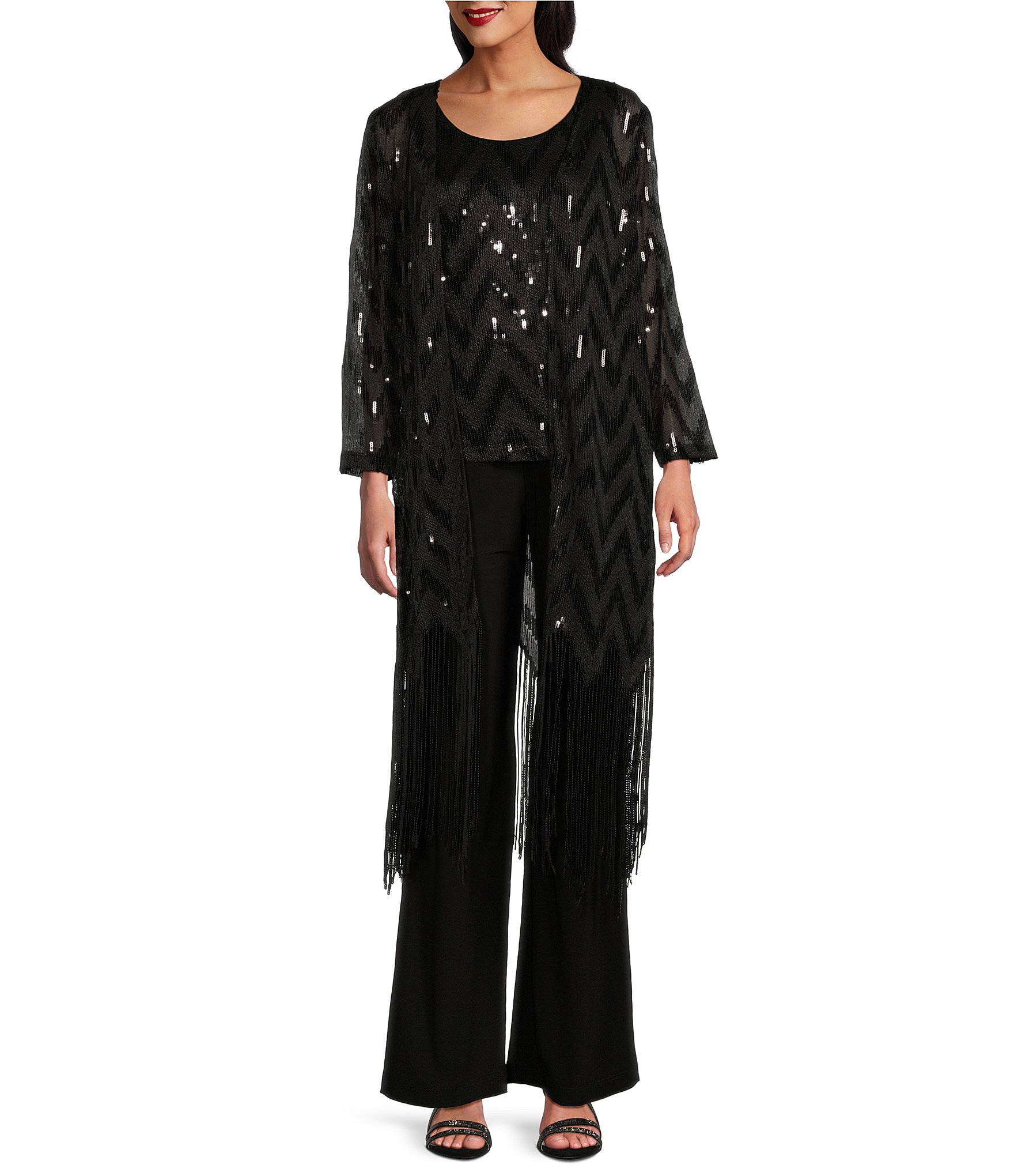 R & M Richards Long Sleeve Scoop Neck Chevron Embellished Sequin Fringe ...