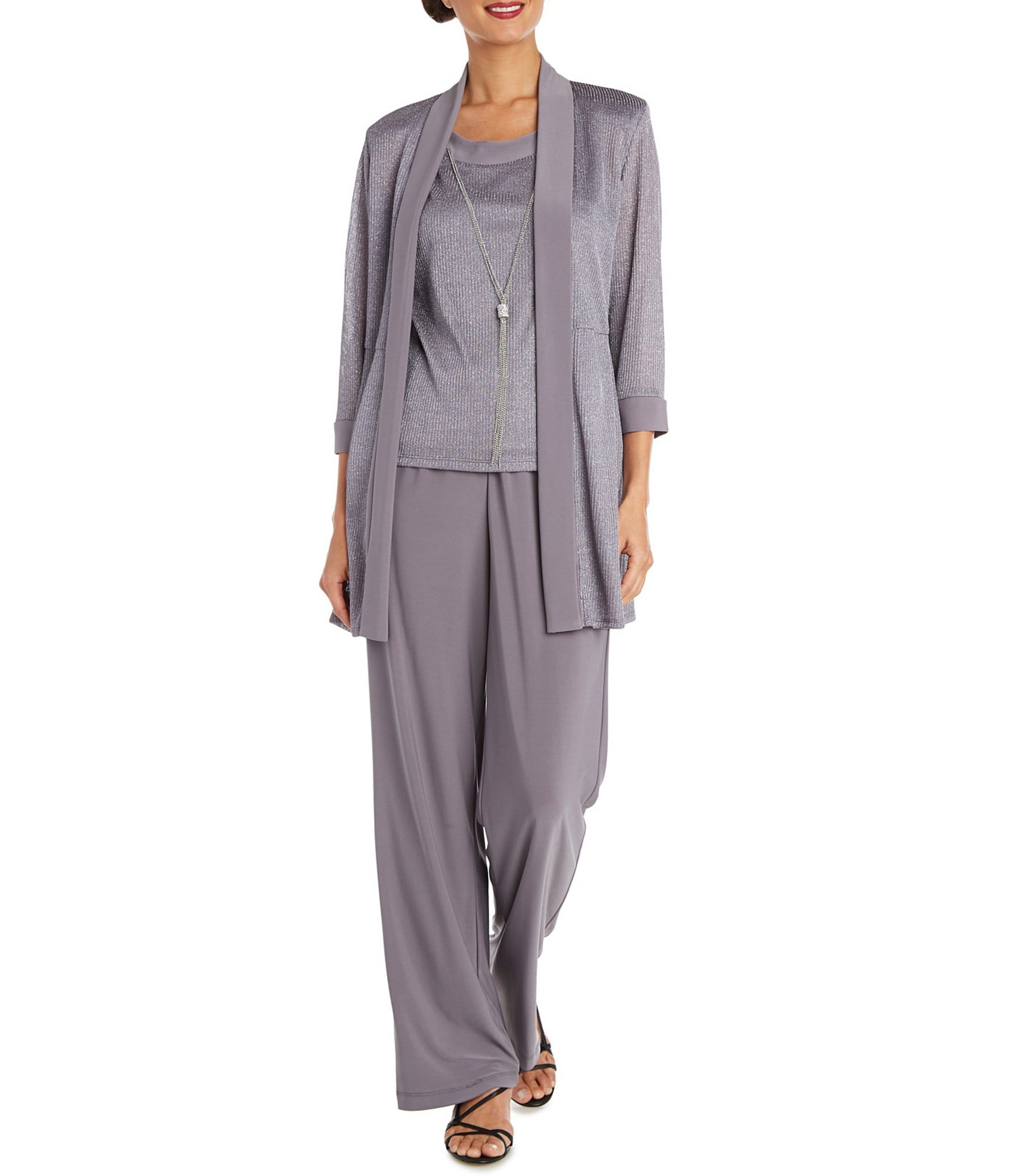 R & M Richards Metallic Knit 3/4 Sleeve Open Front 3 Piece Jacket Pant Set