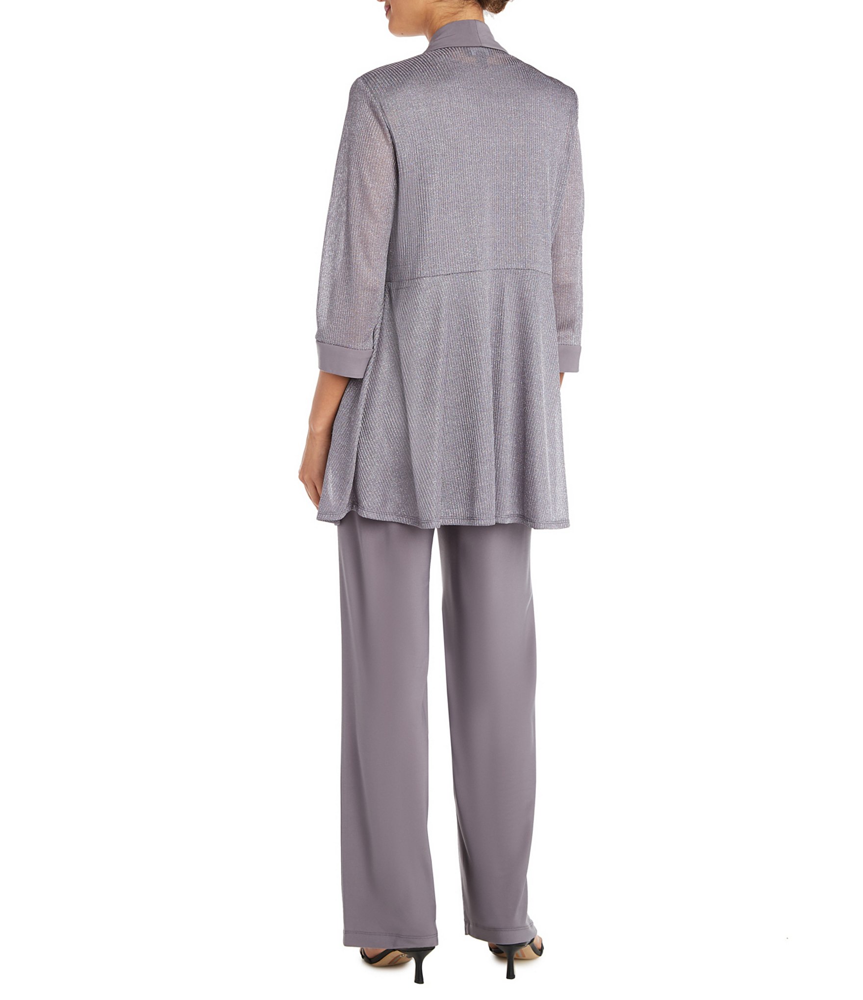 R & M Richards Metallic Knit 3/4 Sleeve Open Front 3 Piece Jacket Pant Set