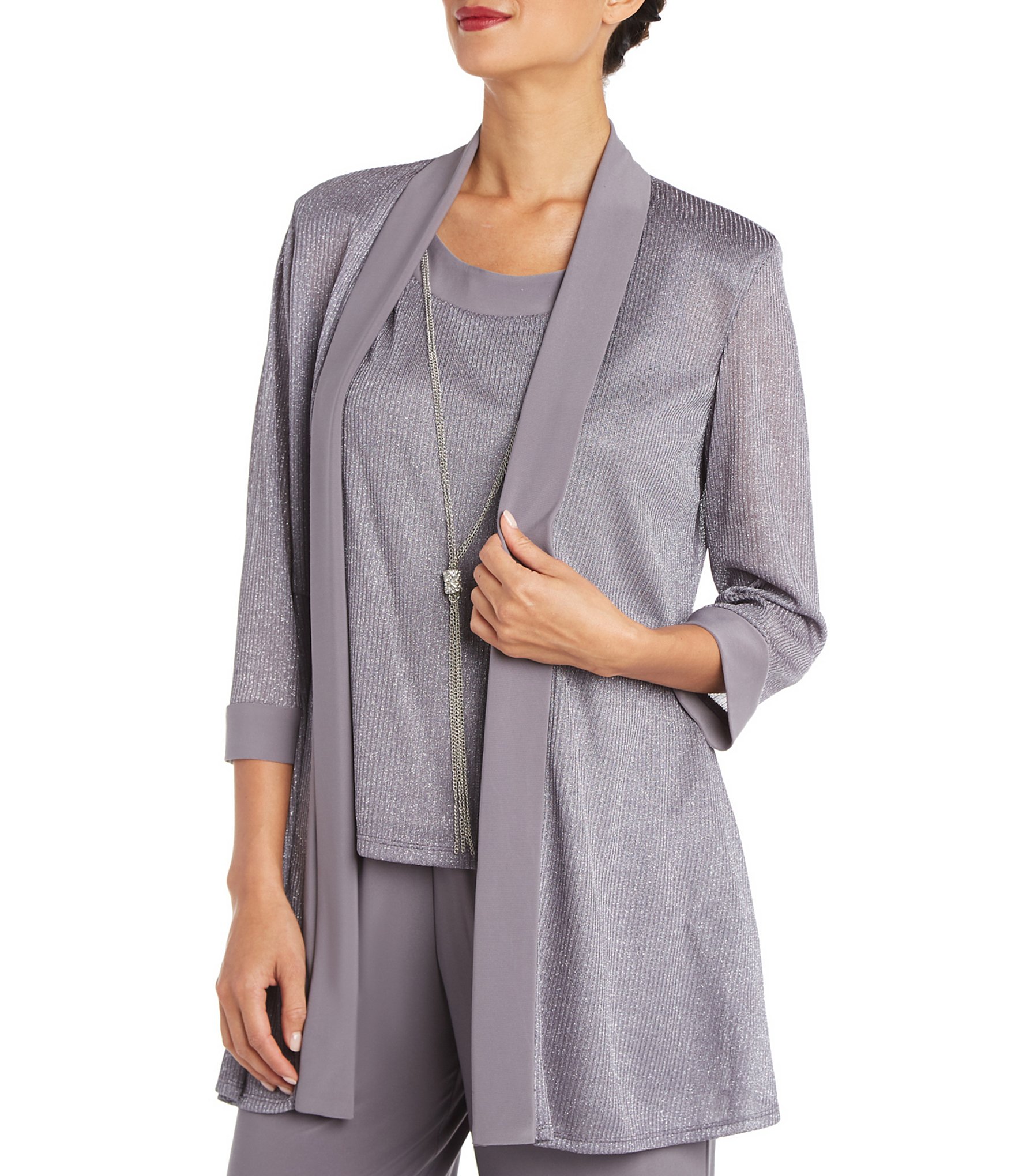 R & M Richards Metallic Knit 3/4 Sleeve Open Front 3 Piece Jacket Pant Set