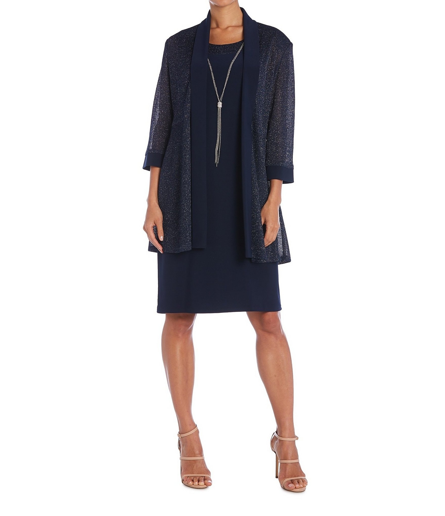 R & M Richards Metallic Knit Scoop Neck 3/4 Sleeve 2-Piece Jacket Dress ...