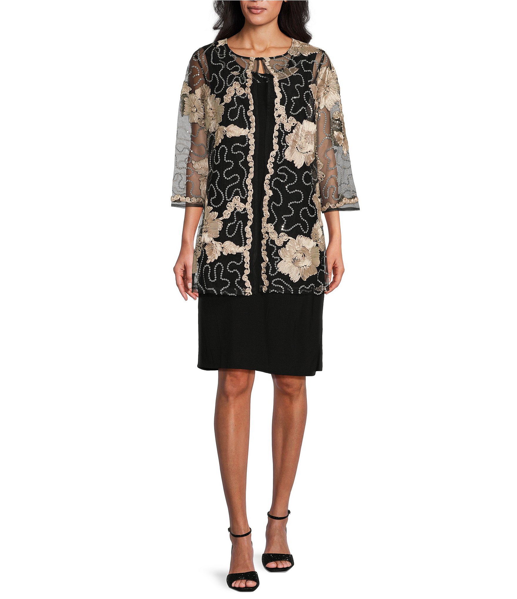 R & M Richards Petite Size Embroidered Soutache Sequin 3/4 Sleeve Jacket Dress